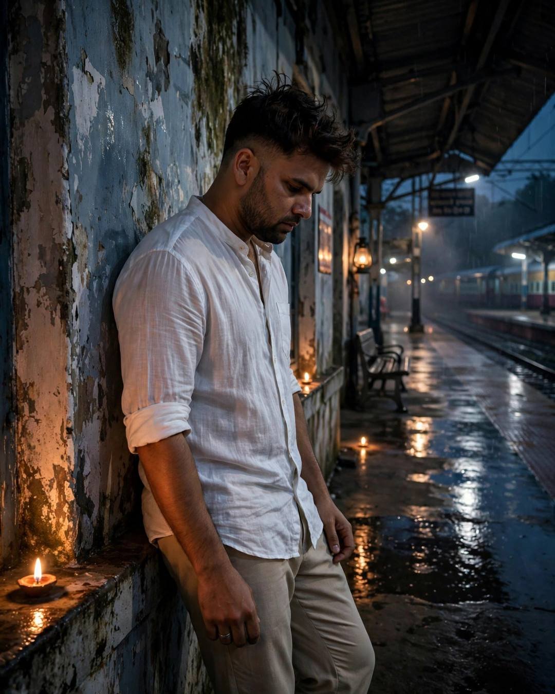 Young Indian man in a white linen shirt leaning against a weathered wall at a rainy railway platform at night, diyas glowing