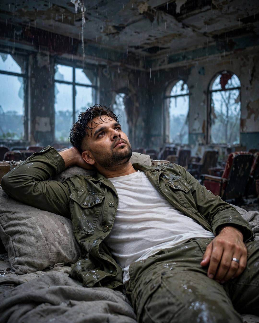 Young Indian man in an olive field jacket reclining in an abandoned cinema hall, rain falling through the broken ceiling