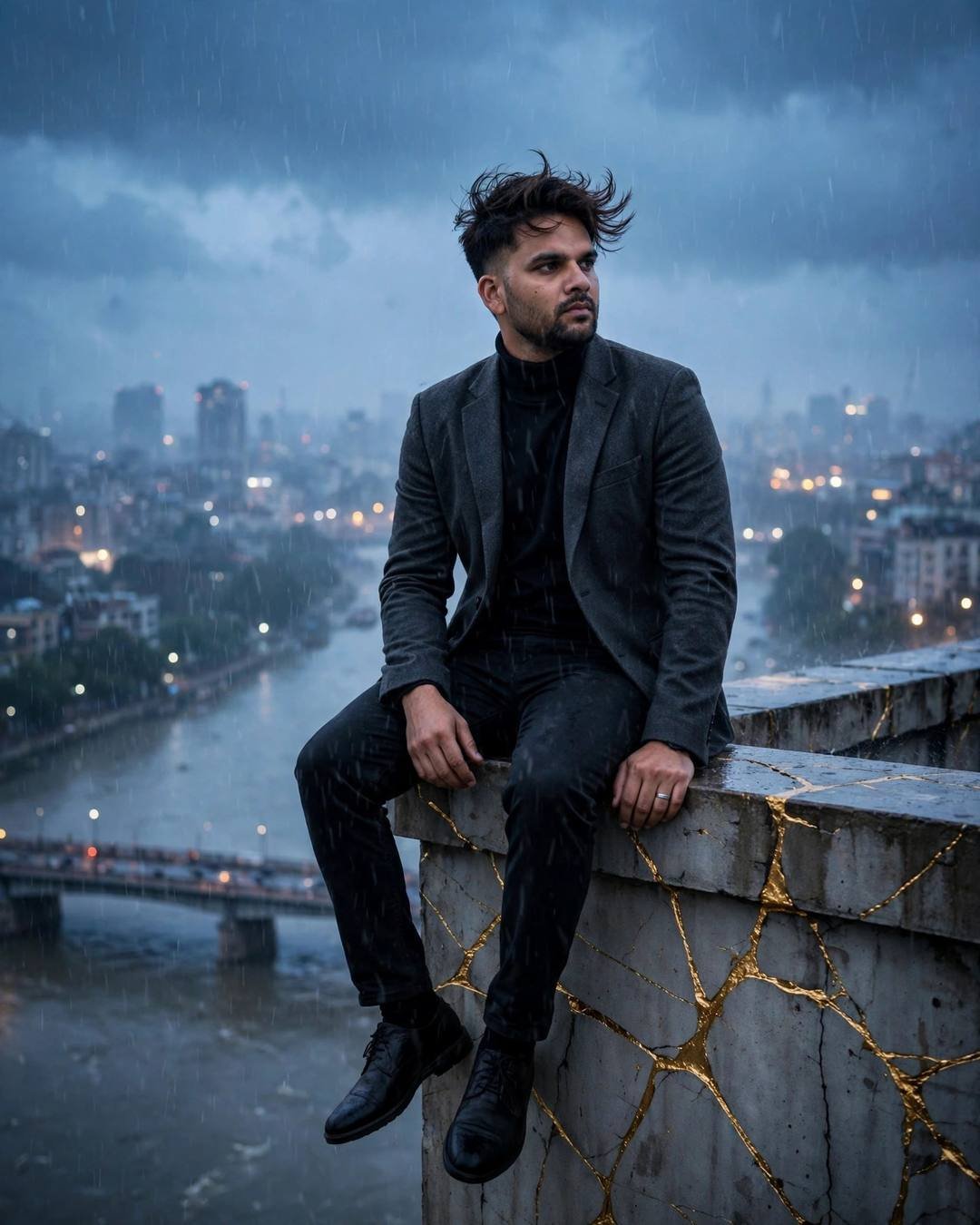 Young Indian man in charcoal blazer sitting on a rooftop ledge in rain above a river, golden cracks in concrete