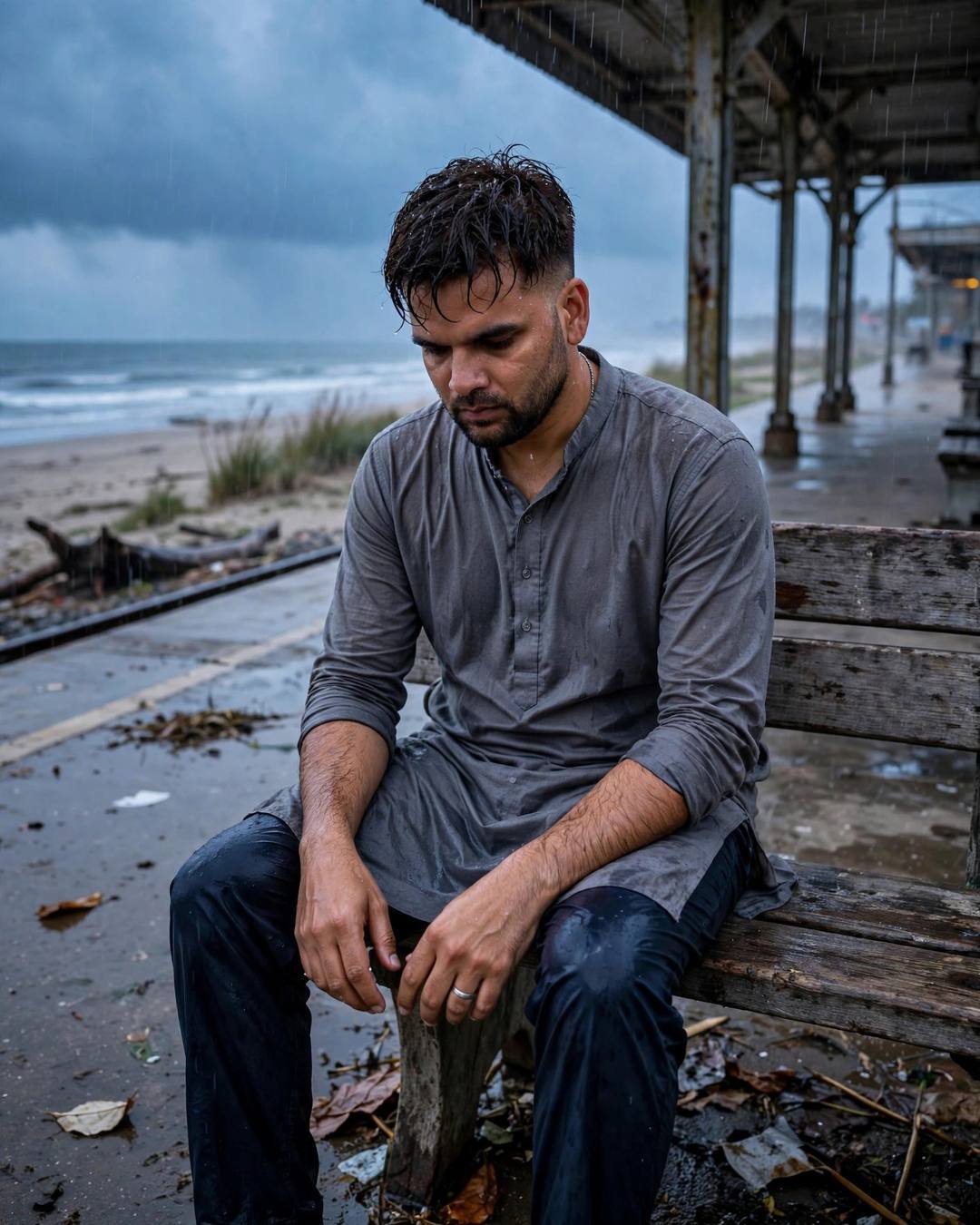 Young Indian man in a grey kurta sitting on a rain-wet bench at a deserted beach, head bowed, drizzle and overcast blue-hour sky