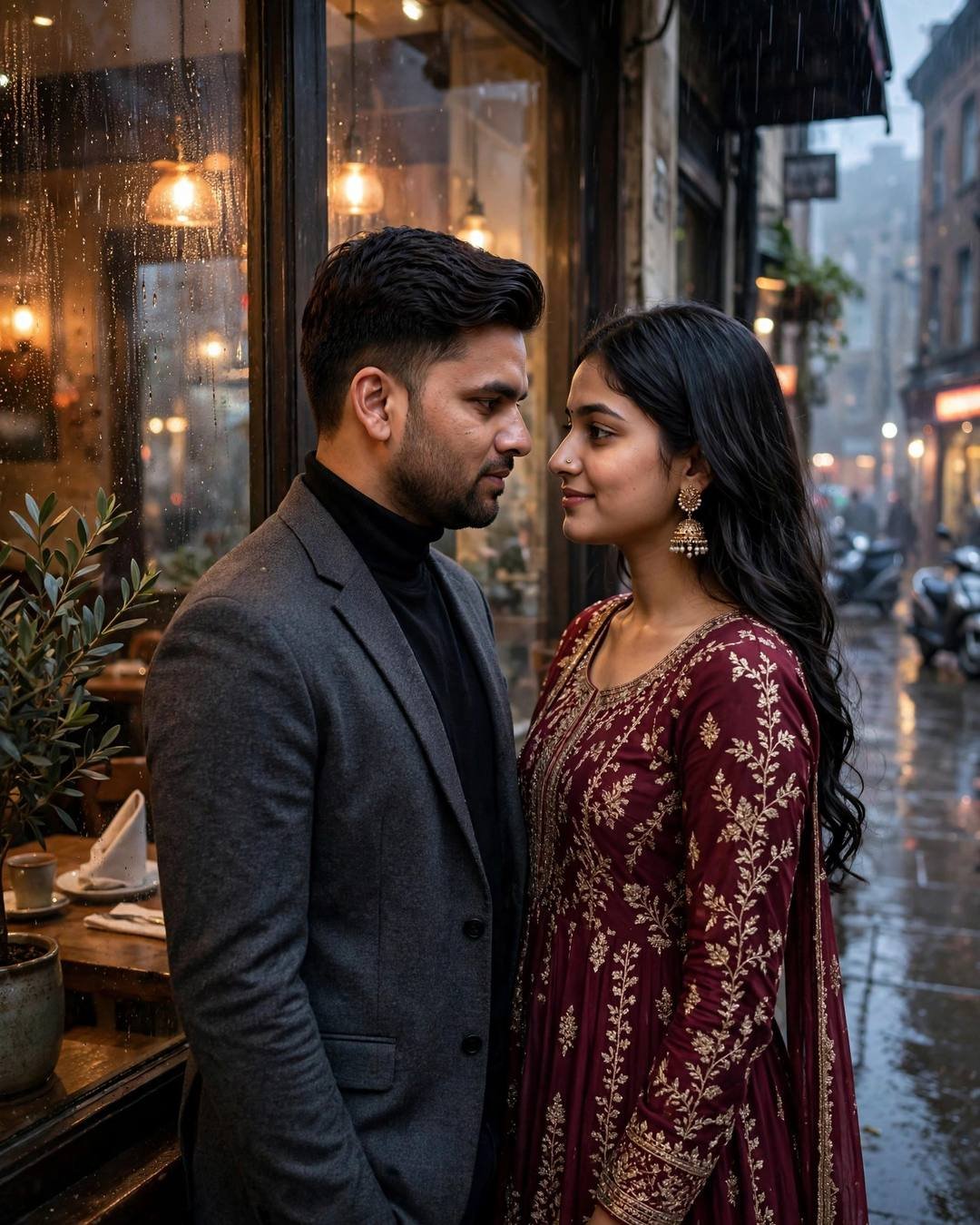 A man in a charcoal blazer and a woman in a maroon embroidered anarkali with jhumkas standing face to face outside a fogged cafe window on a rainy night.