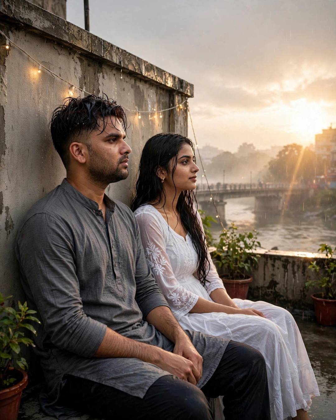 A man in a grey kurta and a woman in a white embroidered dress sitting side by side against a rooftop wall at dawn, fairy lights glowing, a river bridge beyond.