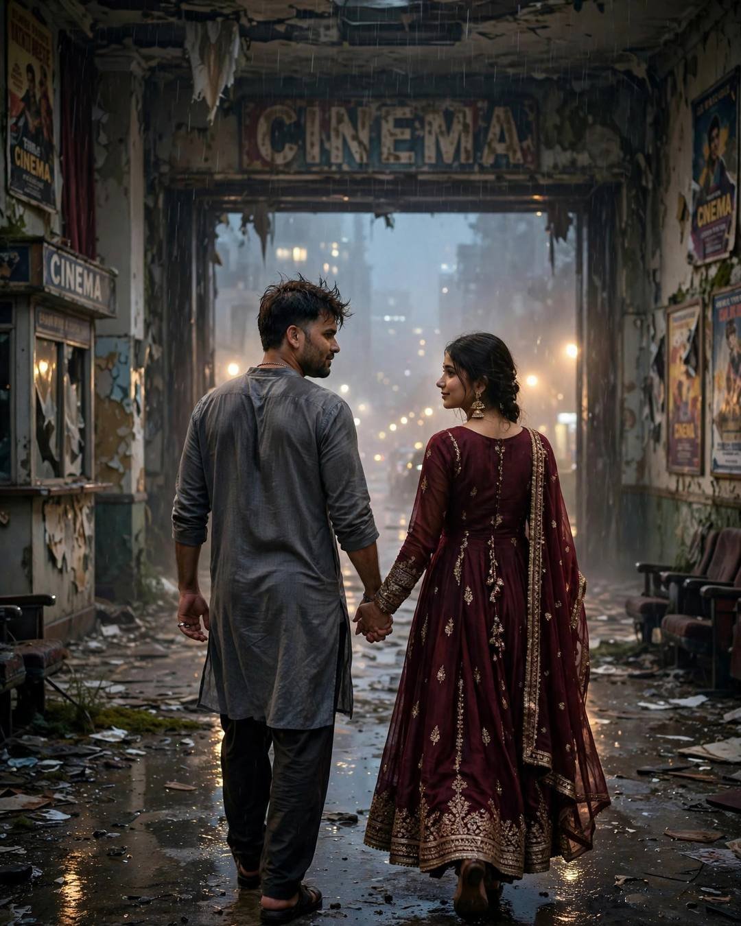 A couple holding hands walking away through a foggy abandoned cinema hall, the man in a grey kurta, the woman in a maroon zari anarkali with jhumkas.