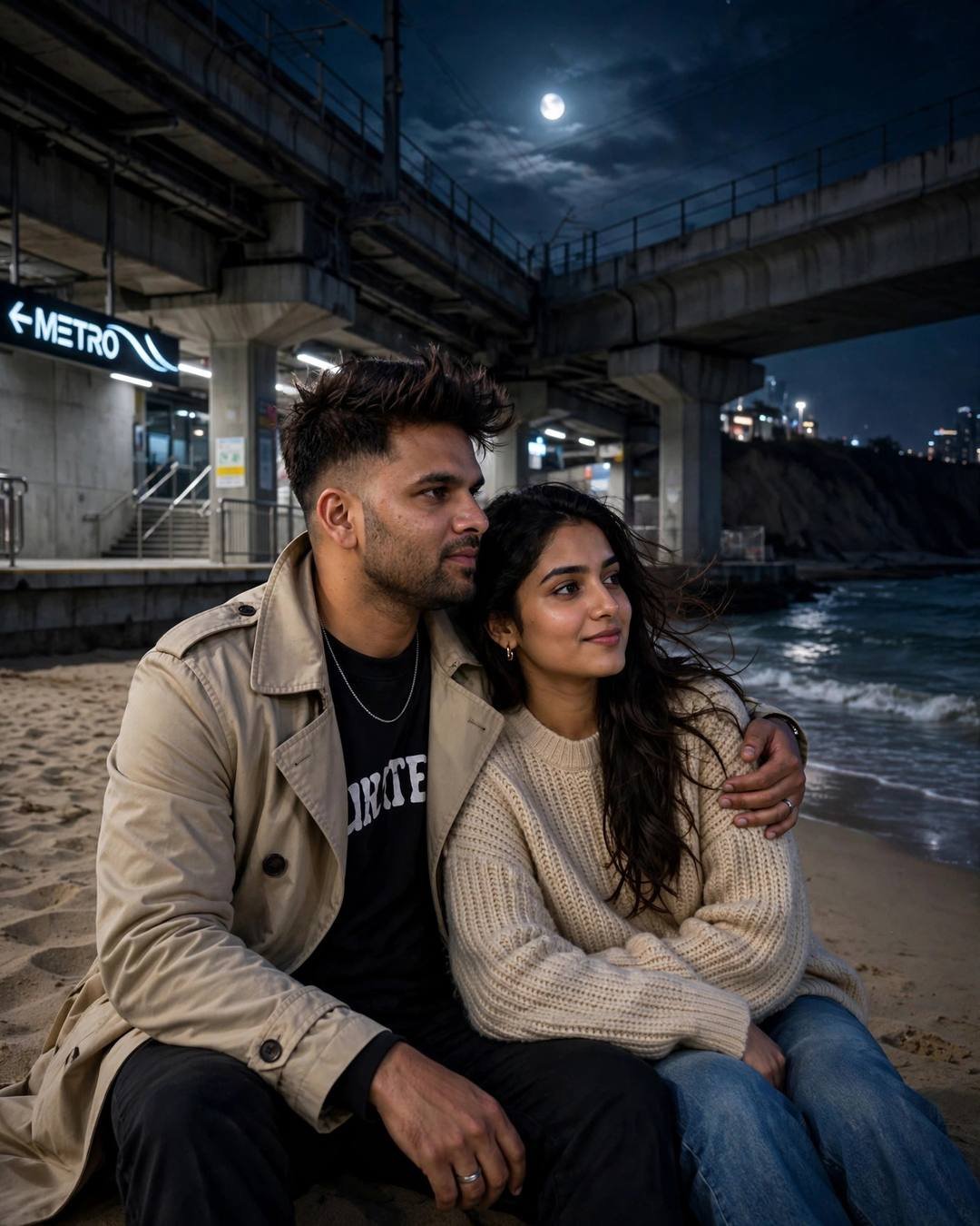 A man in a beige trench coat with his arm around a woman in a cream knit sweater, sitting on the sand at midnight beneath a metro line, moonlit ocean behind.