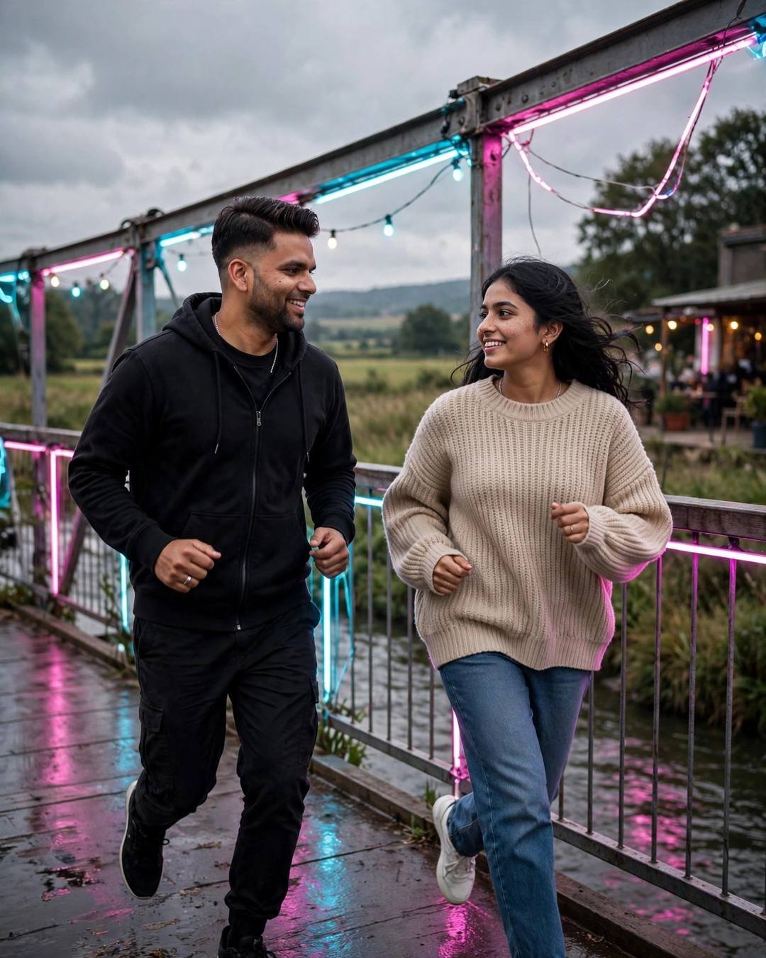 A smiling couple running toward each other on a wet bridge strung with pink and cyan neon lights, the man in all-black streetwear, the woman in an oversized beige sweater and jeans.