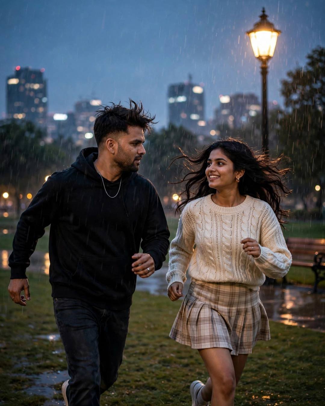 Young Indian couple running and laughing through rain in a park at dusk, he in a black hoodie, she in a cream cable-knit and plaid skirt, city skyline glowing behind