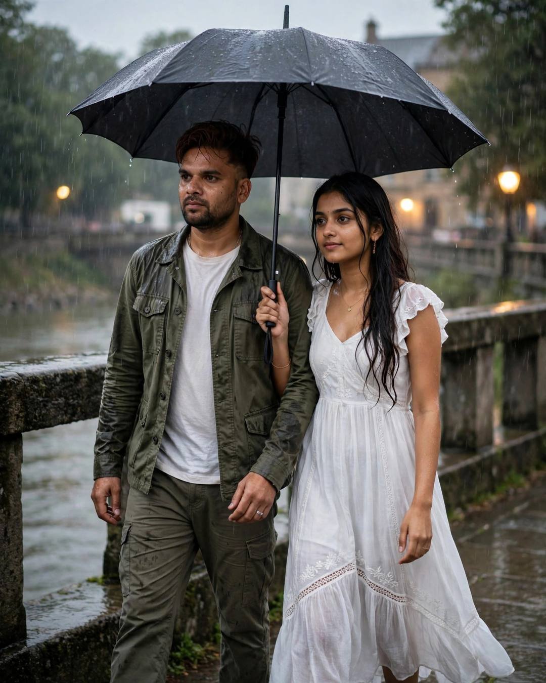 Young Indian couple walking under one black umbrella on a rainy river bridge, he in an olive field jacket, she in a white summer dress