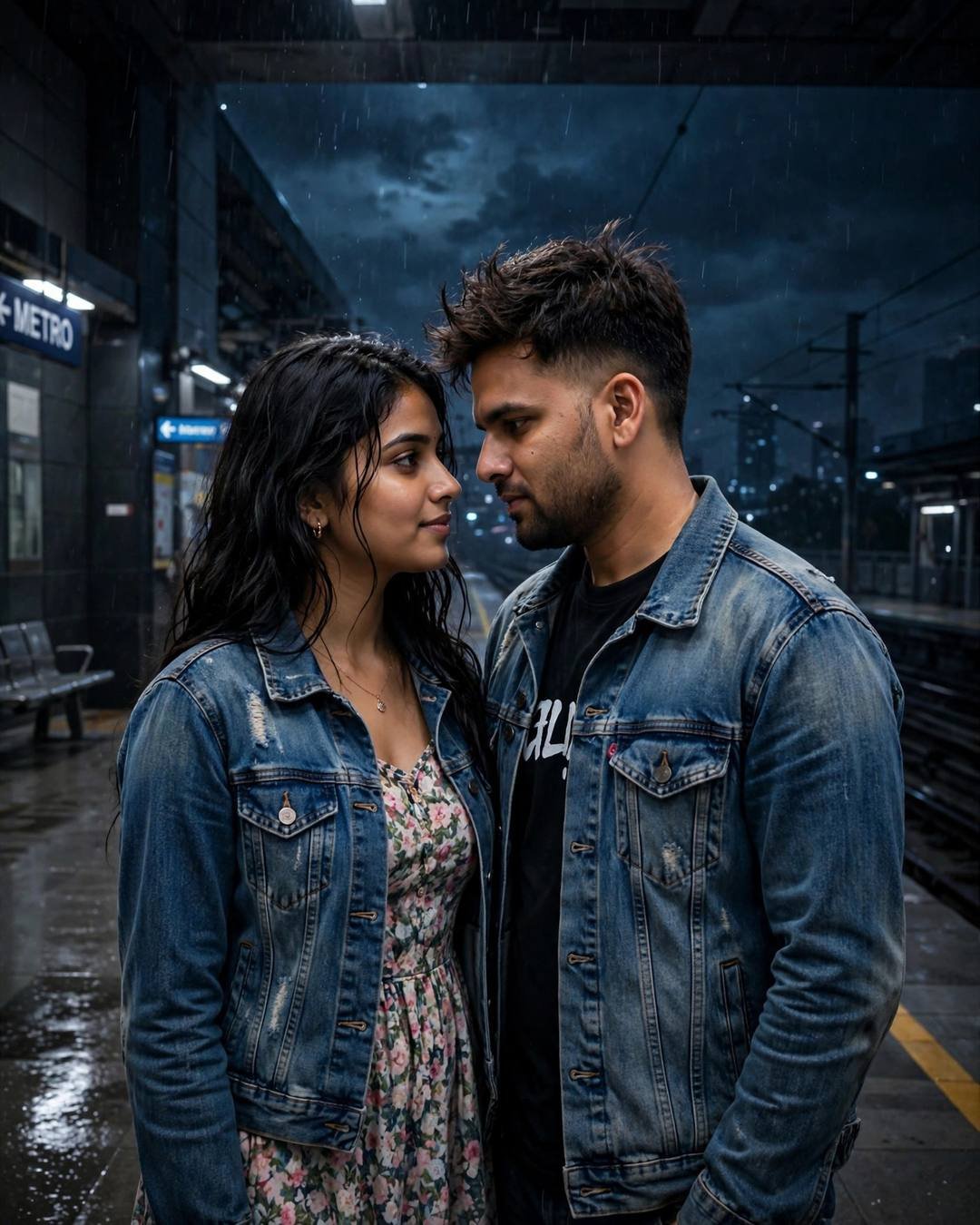 Young Indian couple standing face to face, foreheads almost touching, on a rainy metro station at night, both in denim jackets
