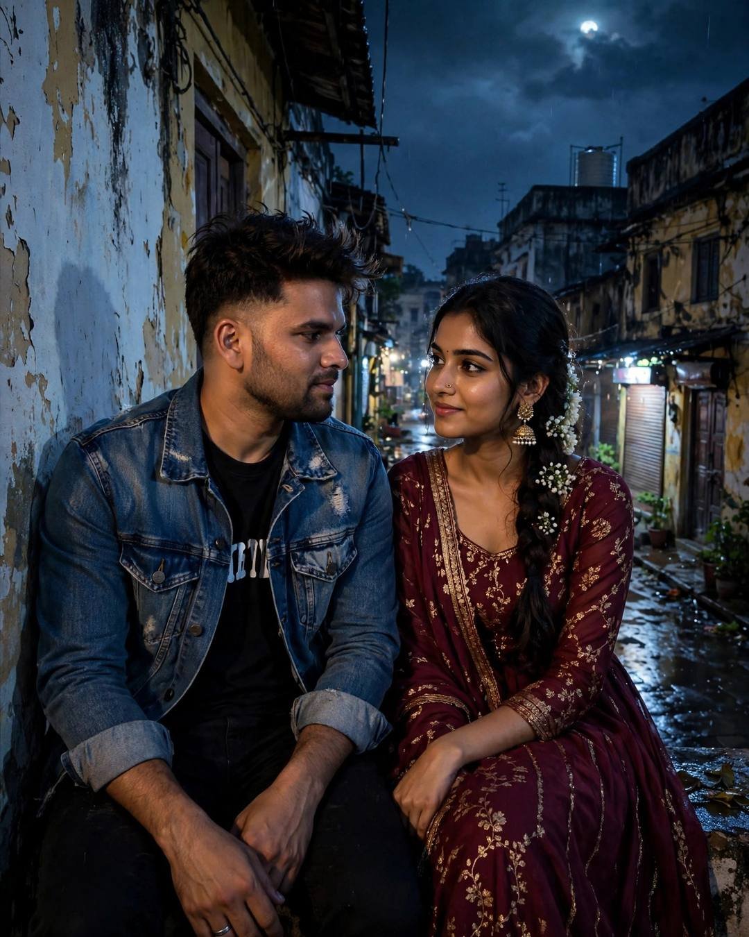 Young Indian couple sitting side by side against a peeling wall in a moonlit old-city lane at night, he in a denim jacket, she in a maroon anarkali with gajra