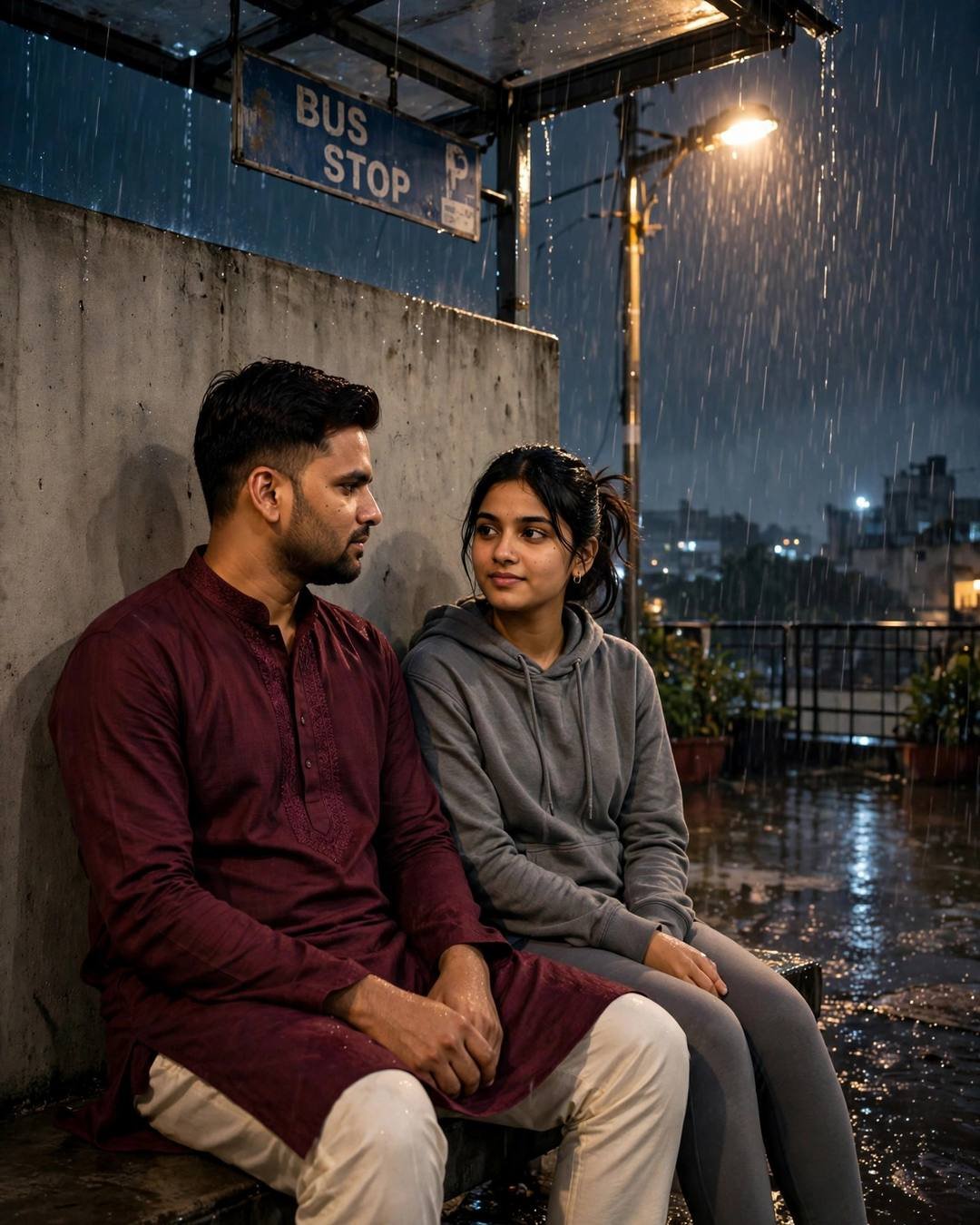 Young Indian couple sitting under a bus stop shelter in heavy rain at night, he in a maroon kurta, she in a grey hoodie, backs against the wall, sharing silence