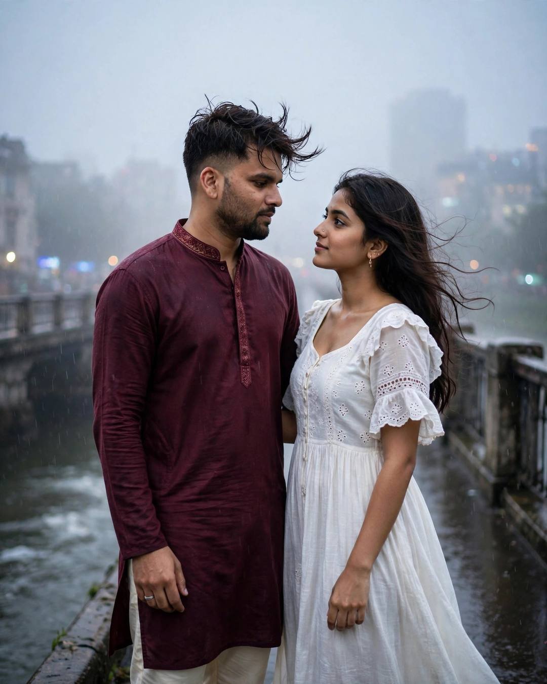 Young Indian couple standing face to face on a foggy bridge over a river, he in a maroon kurta, she in a white eyelet dress, city lights blurred behind