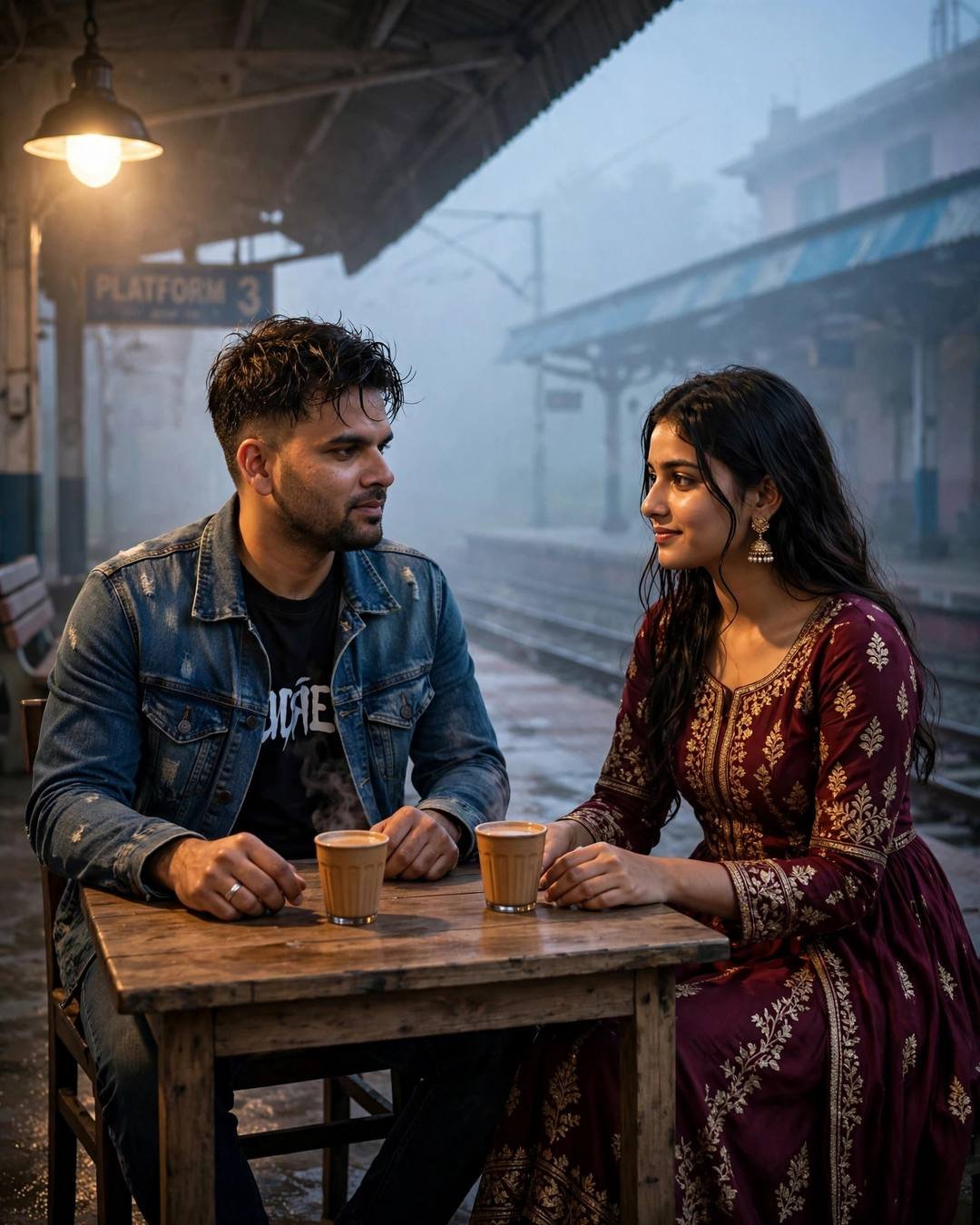 Young Indian couple sitting across a small wooden table with two chai cups on a foggy railway platform at night, he in a denim jacket, she in a maroon anarkali