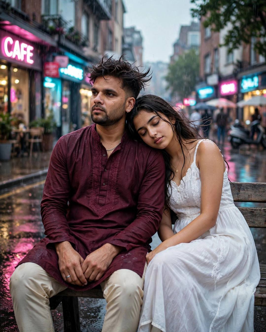 Young Indian couple on a bench in a rainy neon-lit street, her head resting on his shoulder, he in a maroon kurta, she in a white dress