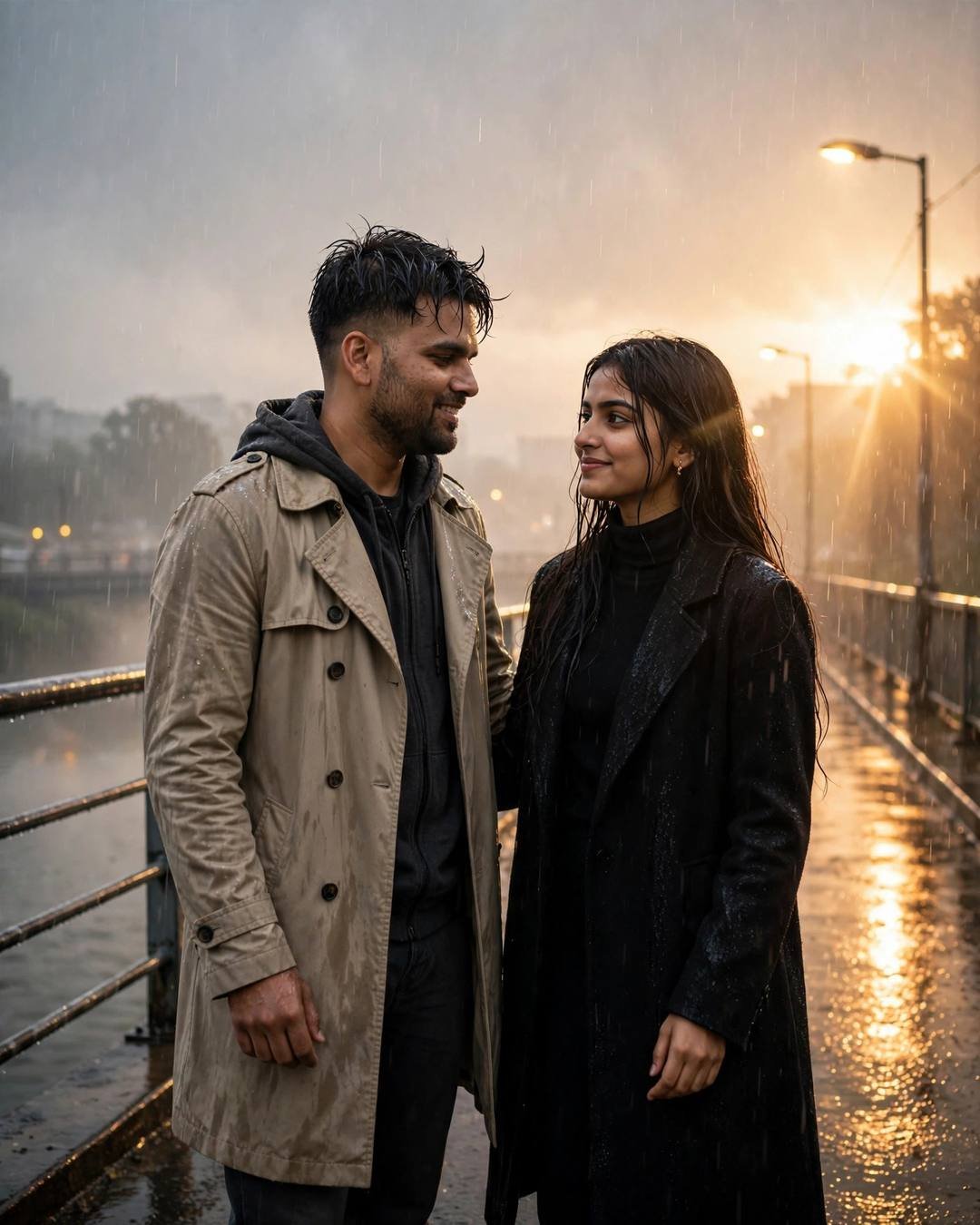 Young Indian couple facing each other smiling on a rainy bridge at dawn, he in a beige trench coat, she in a black turtleneck with long coat, golden backlight through heavy rain