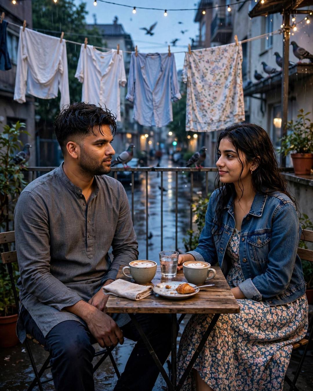 Young Indian couple sitting across a small cafe table on a rainy terrace, two coffees and a croissant, he in a grey kurta, she in a denim jacket, clothes lines and pigeons behind