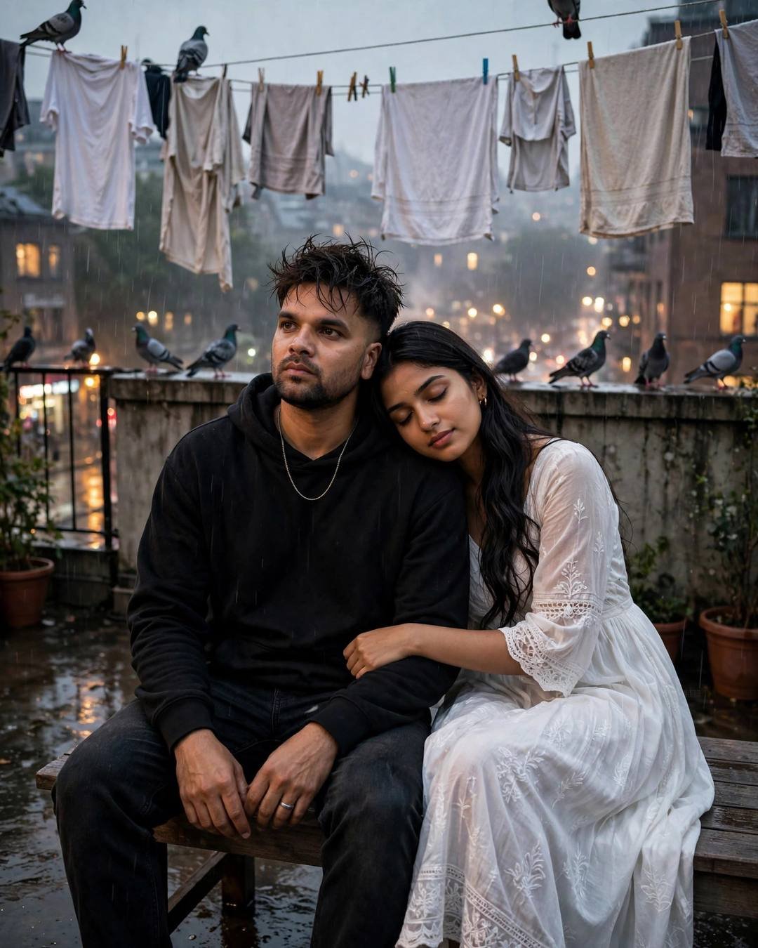 Young Indian couple on a bench on a rainy terrace, her head resting on his shoulder, he in a black hoodie, she in a white summer dress, pigeons and clothes lines around them