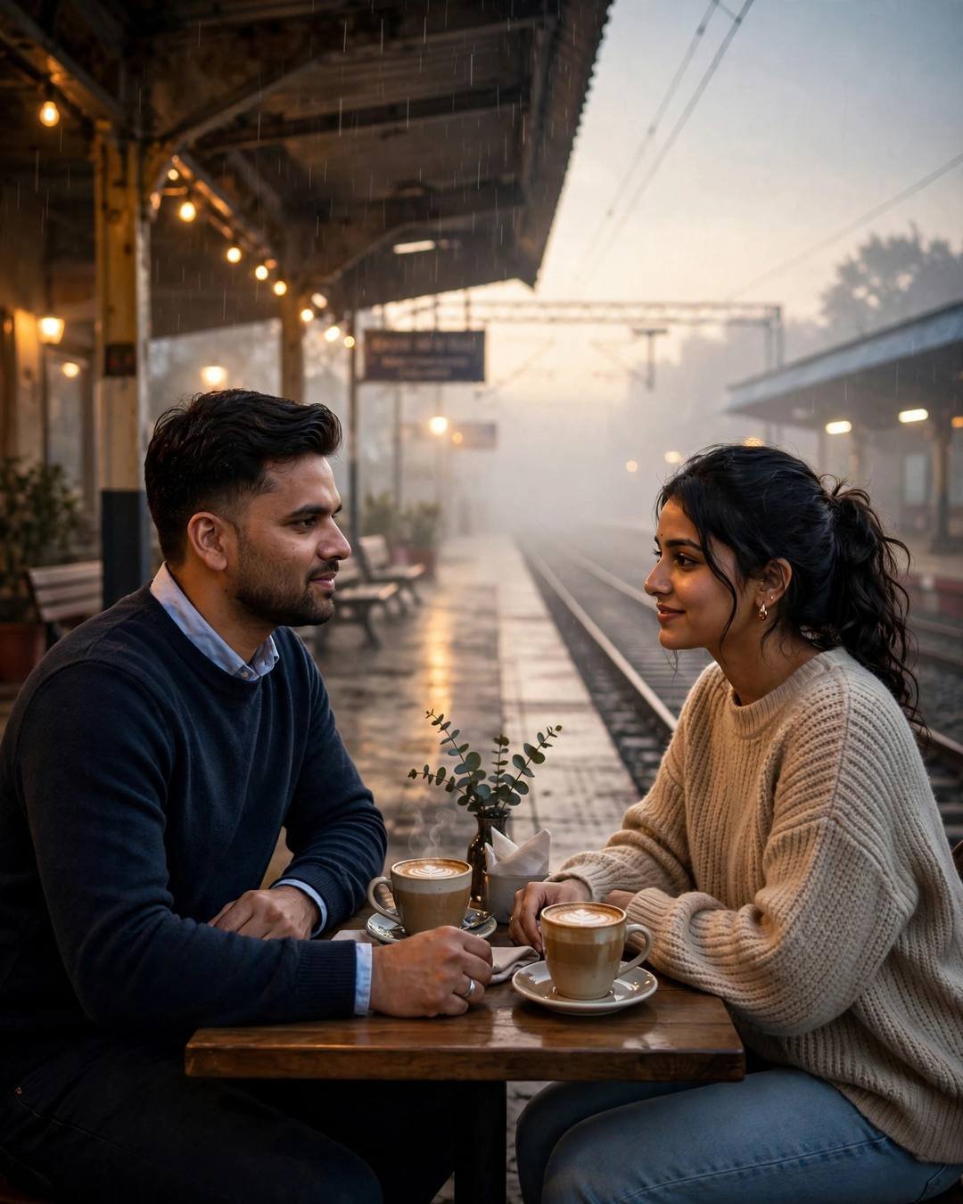 Young man in navy sweater over collared shirt and young woman in oversized beige sweater and jeans sitting across a small cafe table on an empty railway platform, hands almost touching over coffee cups