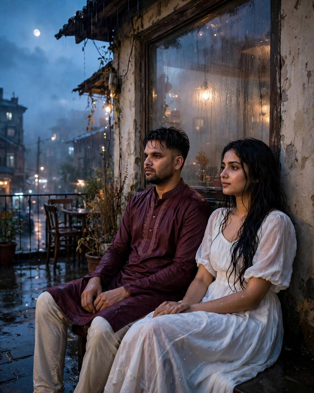 Young man in maroon kurta with cream churidar and young woman in flowing white summer dress sitting side by side against the wall of an old cafe with a fogged window, post-rain blue hour with moonlight