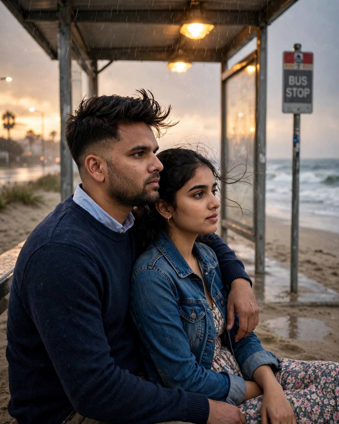Young man in navy sweater over collared shirt and young woman in denim jacket over floral dress sitting close under a bus-stop shelter on a beach, his arm around her, waves and golden-hour light behind them