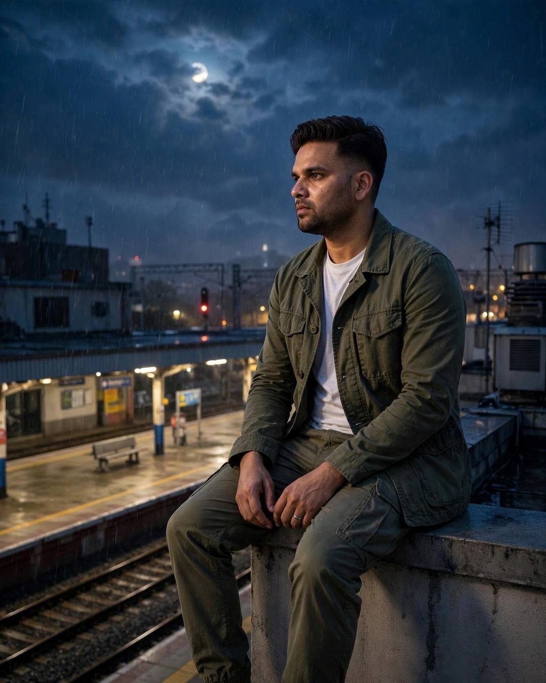 Young Indian man in an olive field jacket sitting on a rooftop ledge overlooking an empty railway platform at night in light rain