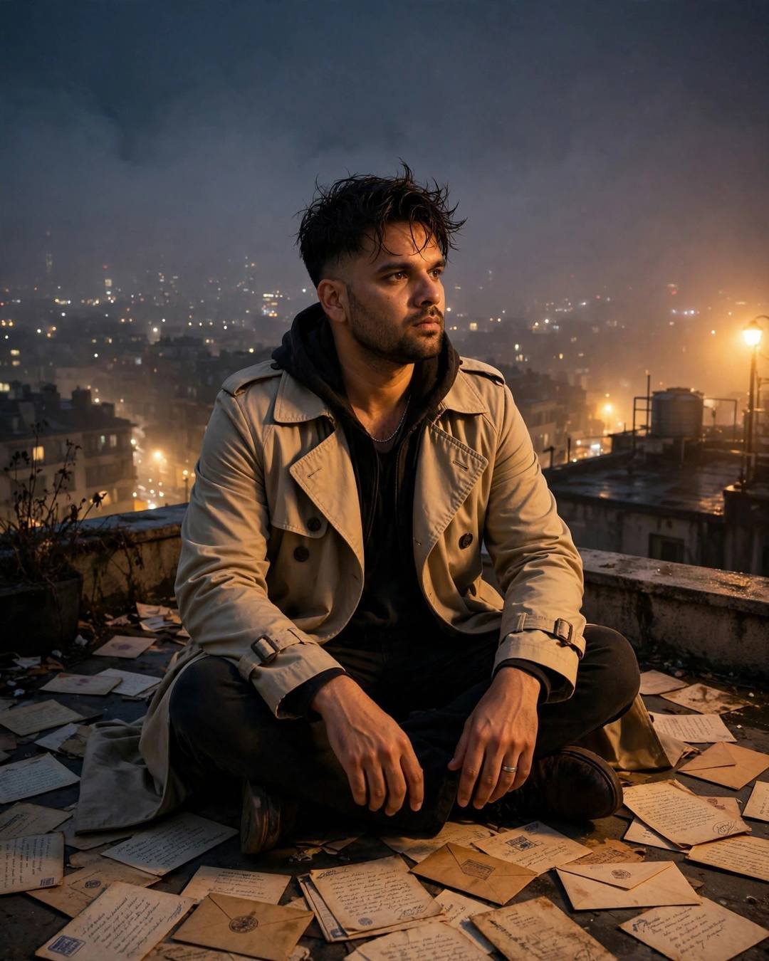 Young Indian man in a beige trench coat sitting cross-legged on a rooftop surrounded by old letters, city lights behind at night
