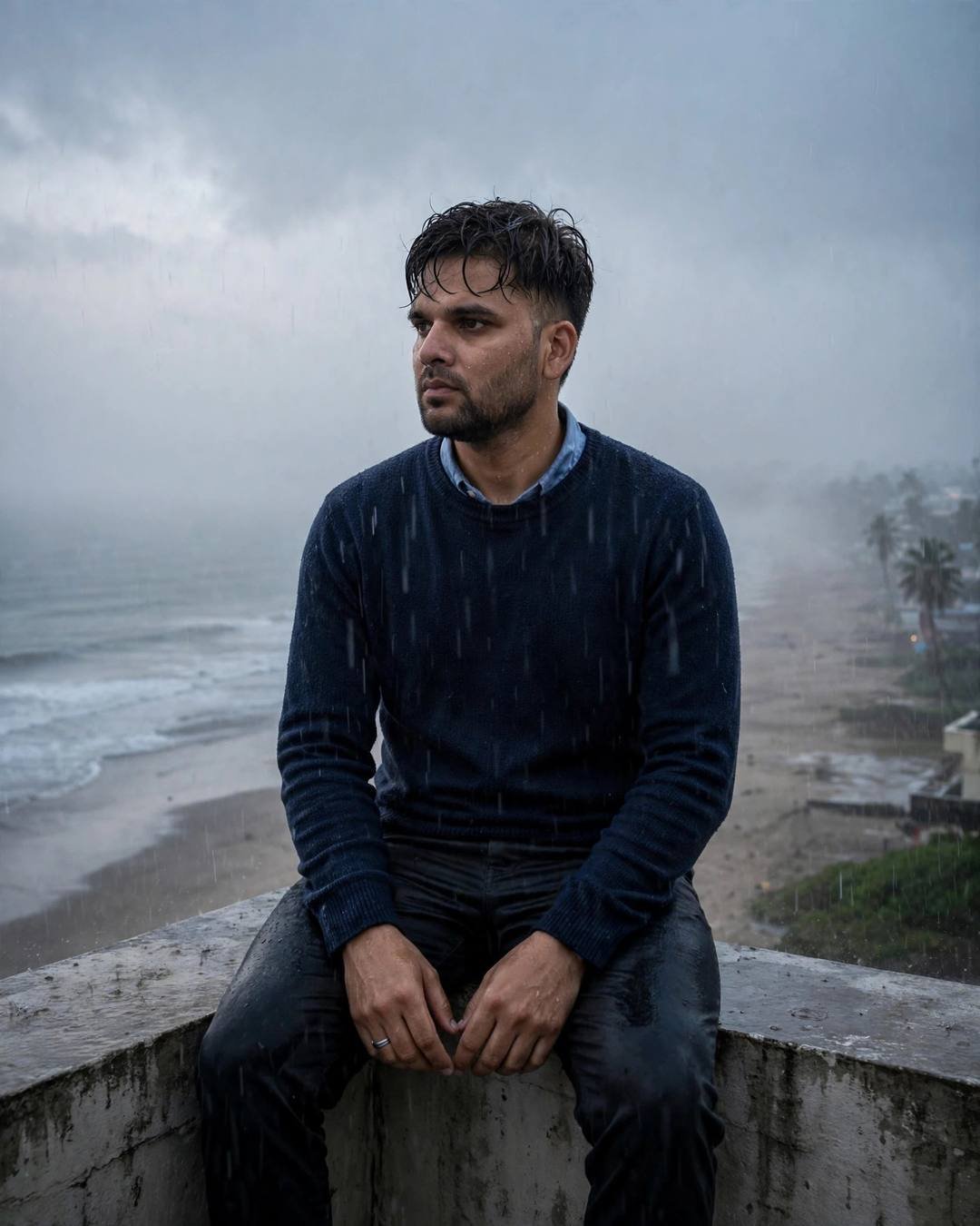 Young man in navy sweater sitting on a rooftop ledge above a deserted rain-soaked beach