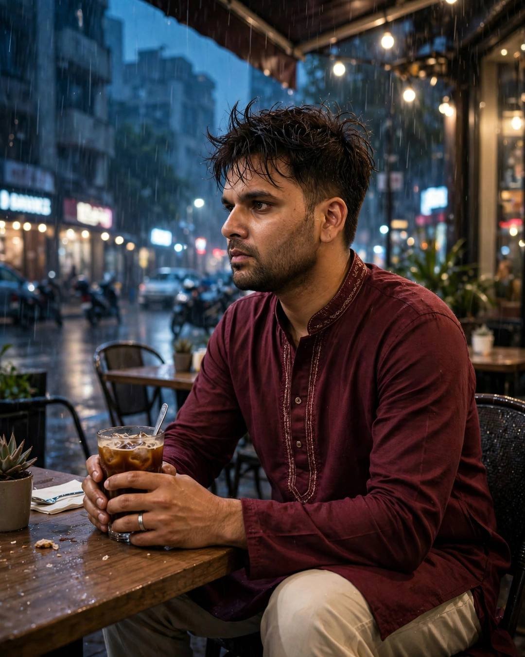 Young man in maroon kurta cradling a cold coffee at a cafe table on a rainy midnight street