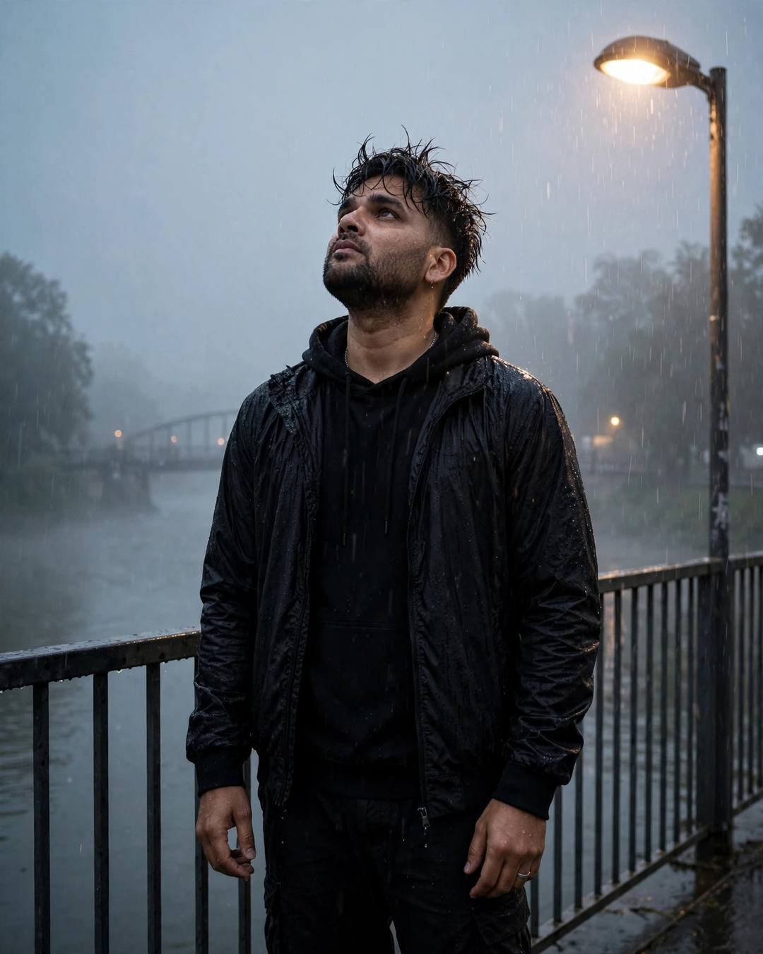 Young man in black hoodie under a streetlamp on a foggy bridge in the rain at dusk