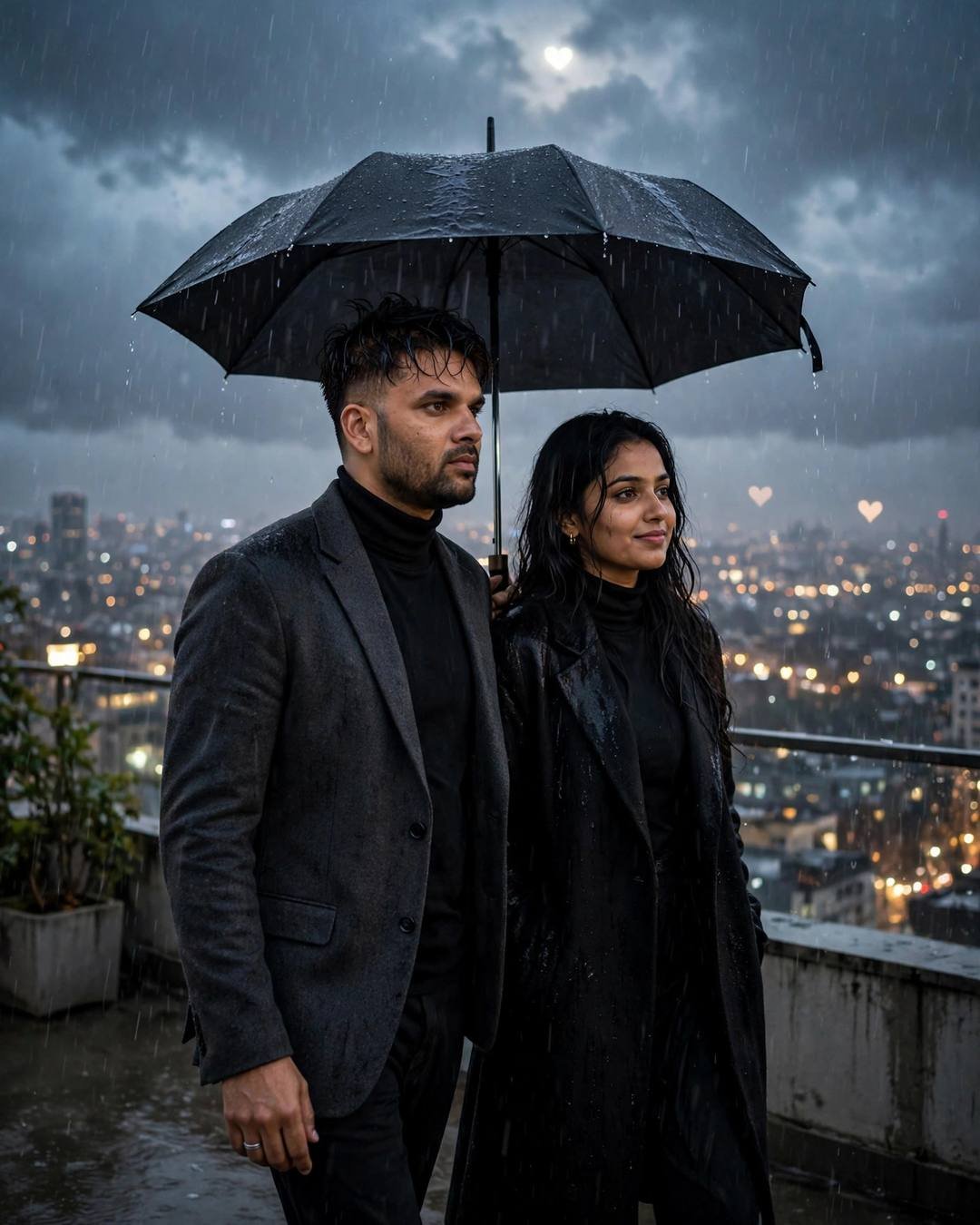 Young Indian couple walking under one umbrella on a rain-soaked rooftop overlooking sleeping city lights at night