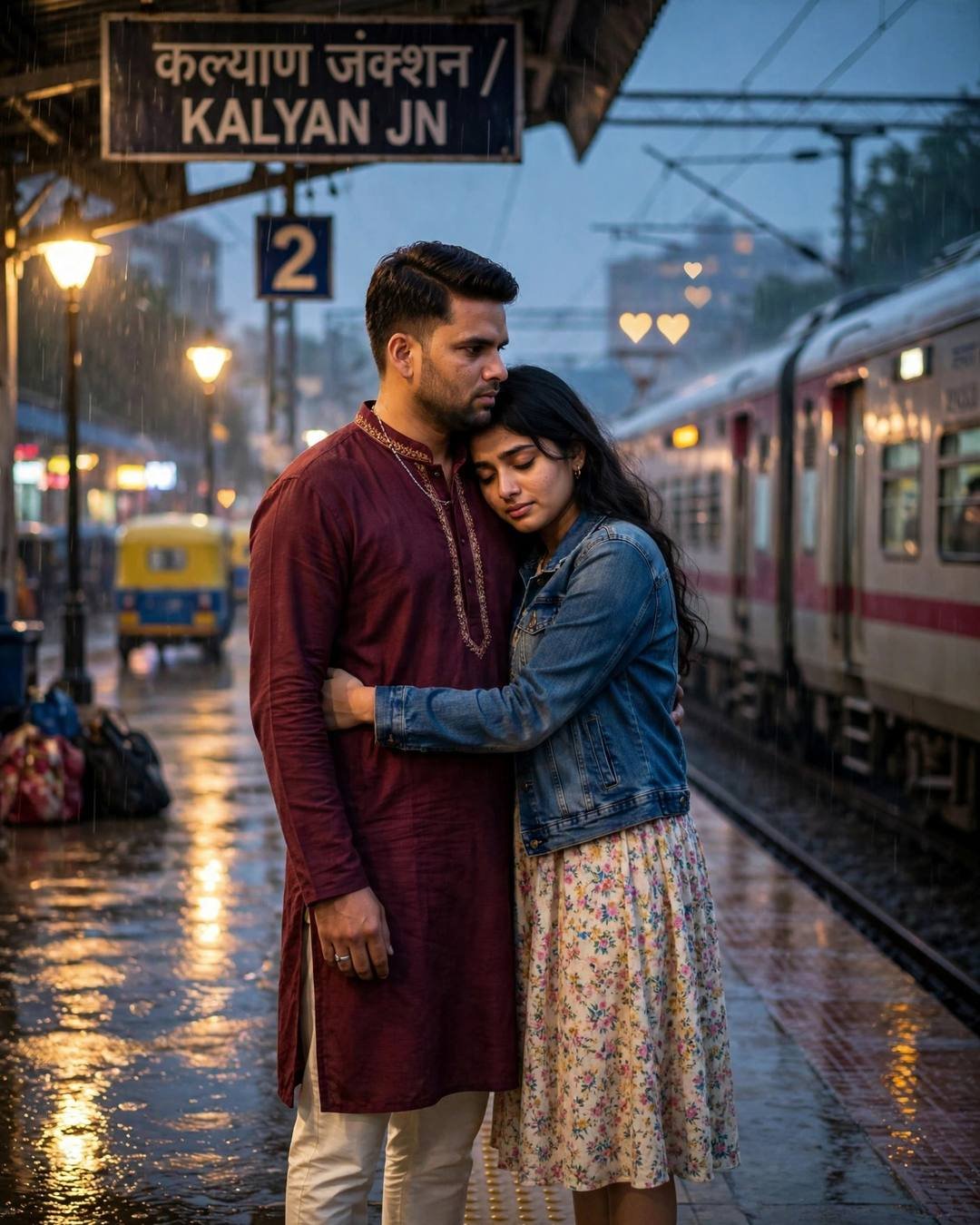 Young Indian couple embracing on a rain-soaked railway platform at blue hour as a train waits beside them