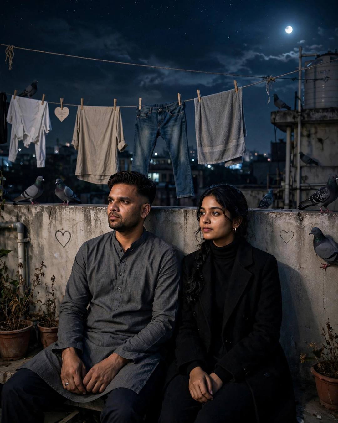 Young Indian couple sitting with backs against a terrace wall at midnight, reading old letters together under moonlight with clothes lines and pigeons