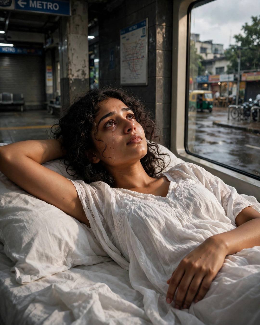 Young Indian woman in a flowing white summer dress lying on a bed by a metro station at midnight, tear on her cheek, gazing upward