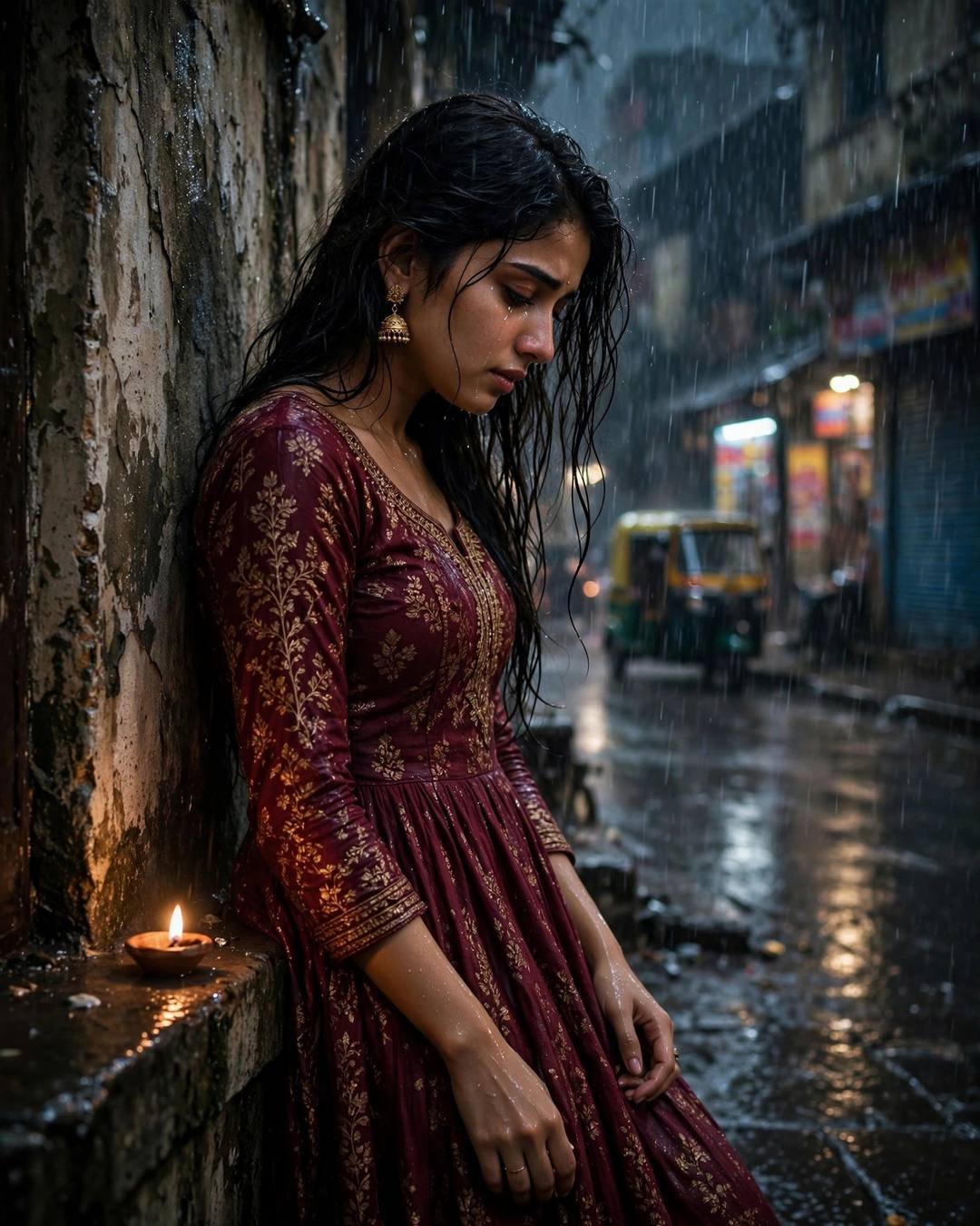 Young Indian woman in a maroon anarkali with jhumkas leaning against a weathered wall in heavy monsoon rain at midnight, hugging her childhood teddy, a diya glowing beside her