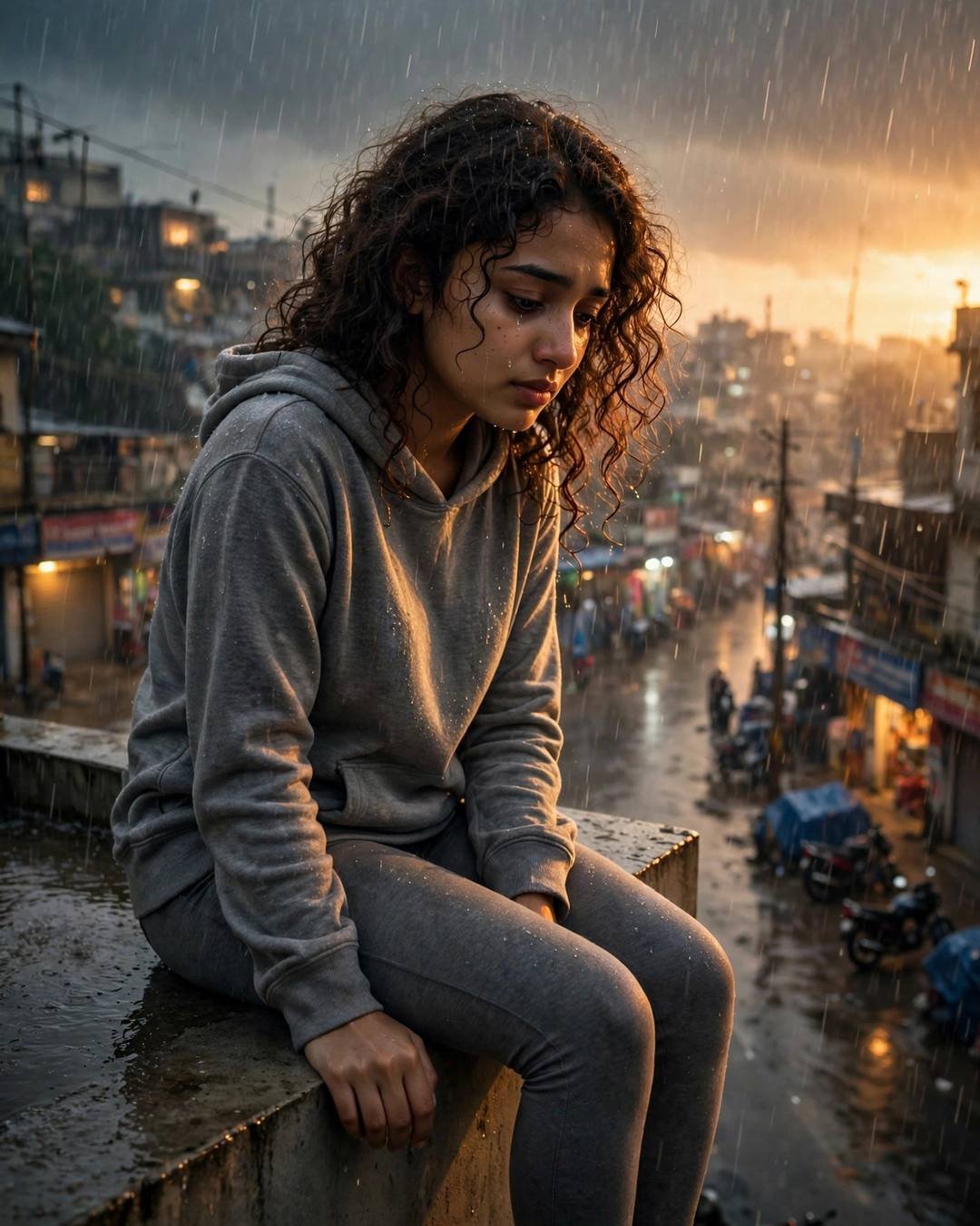 Young Indian woman in a grey hoodie sitting on a rooftop ledge with legs dangling over a rain-soaked city street at golden hour, tear on her cheek