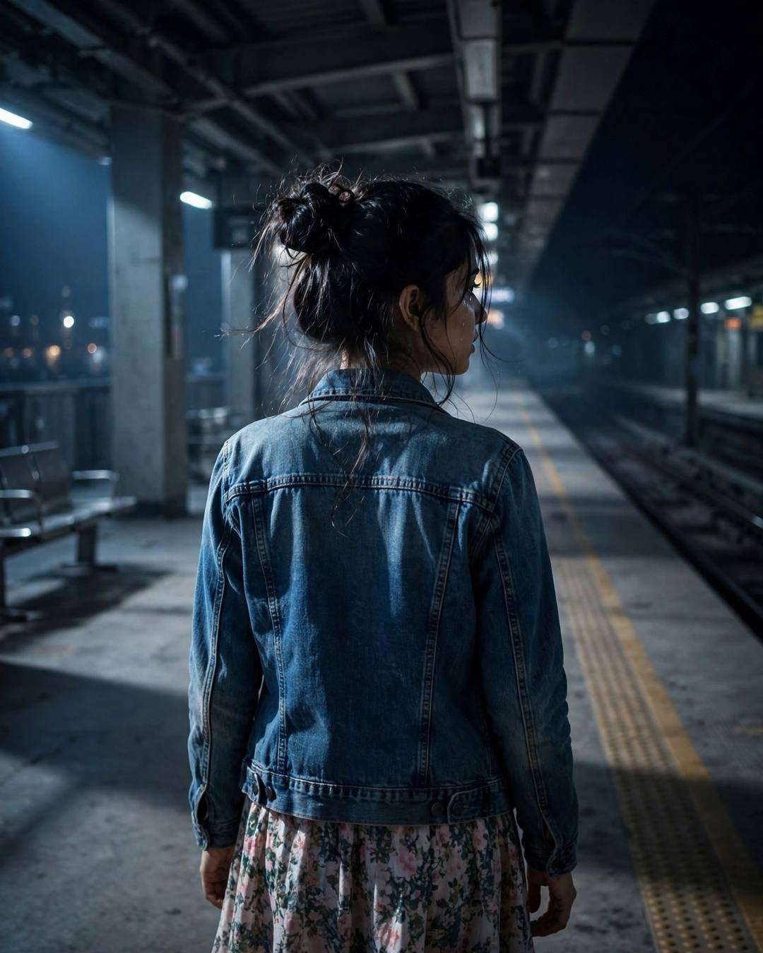 Young Indian woman in a denim jacket over a floral dress walking away down an empty midnight metro platform, glancing back over her shoulder with tears