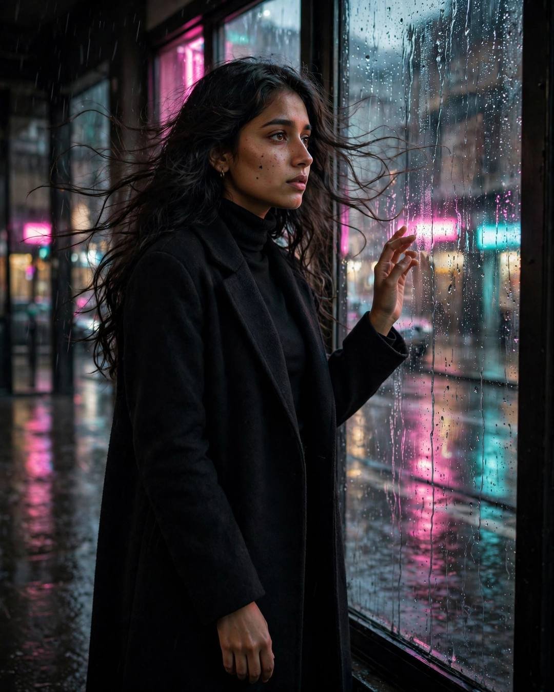 Young Indian woman in black turtleneck at a rain-streaked window, neon pink and cyan city glow