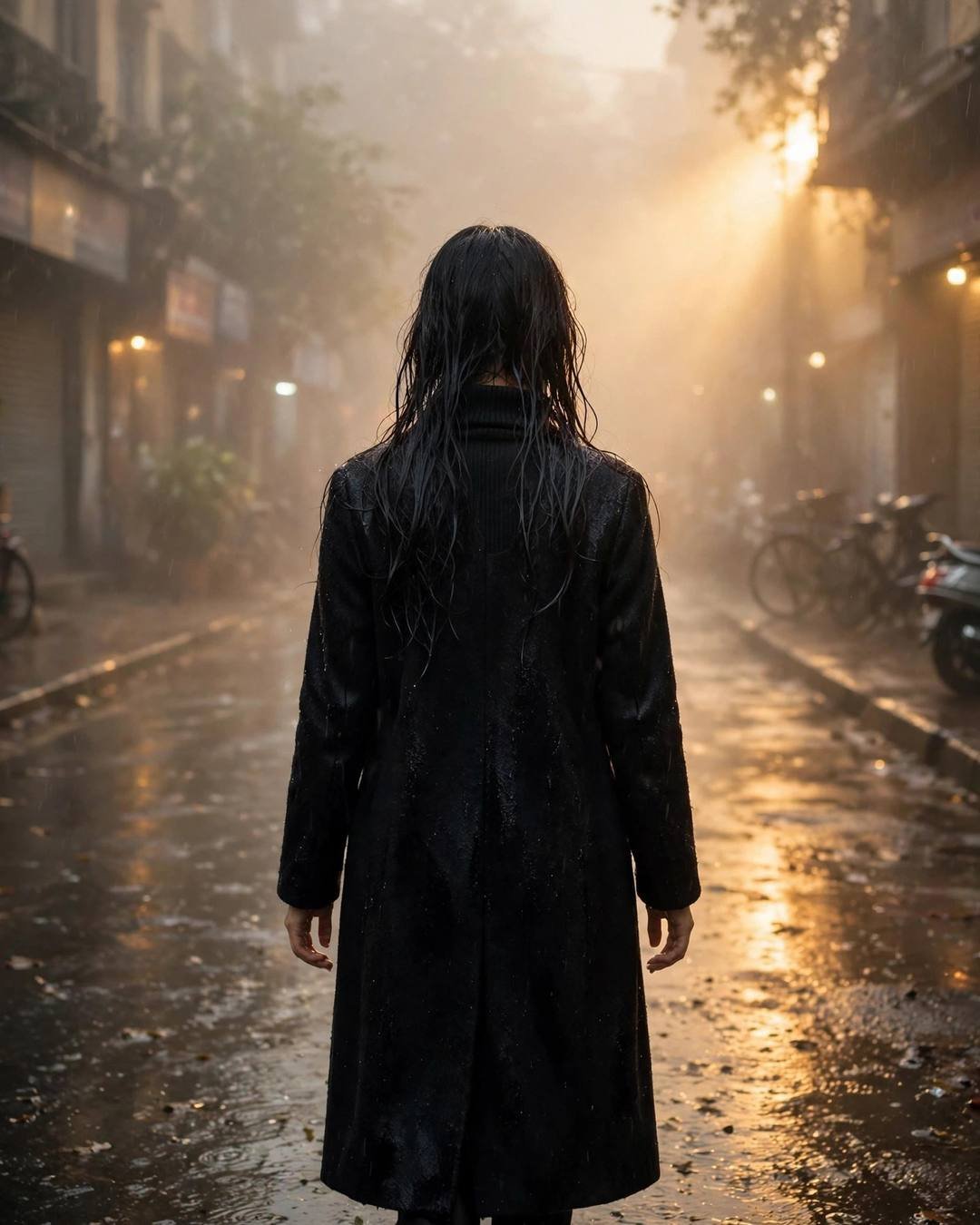Young Indian woman in black coat walking away down a foggy golden rain-soaked street