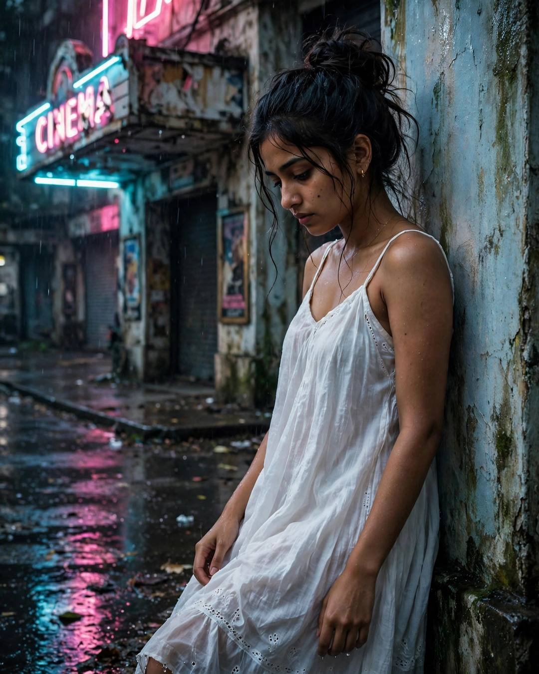 Young Indian woman in white summer dress leaning against a wall at an abandoned neon cinema at night