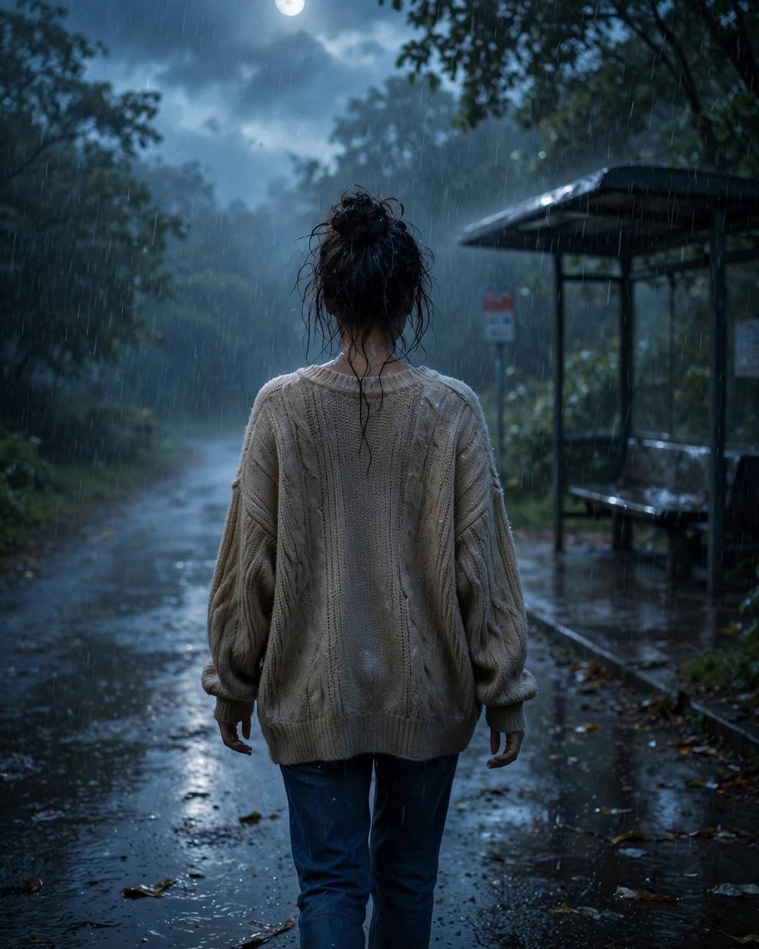 A young woman in a beige sweater walking away from the camera down an empty rainy path at night, moon behind the clouds, a bus shelter nearby
