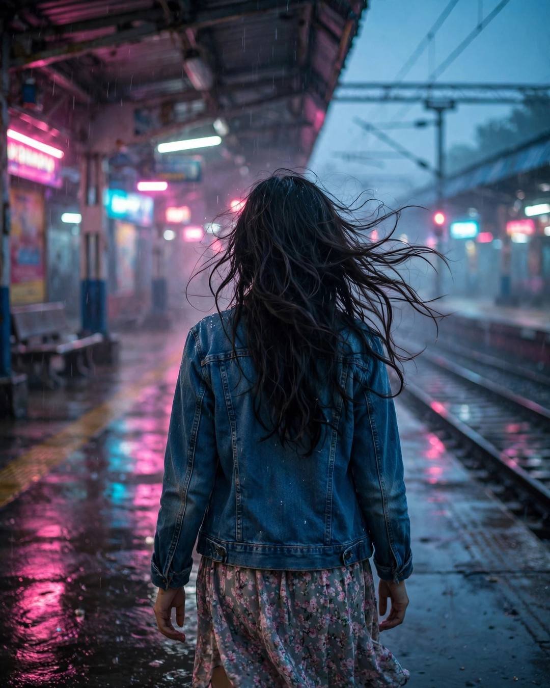 A young woman in a denim jacket over a floral dress walking away along a neon-lit railway platform at night in the rain, hair blowing in the breeze