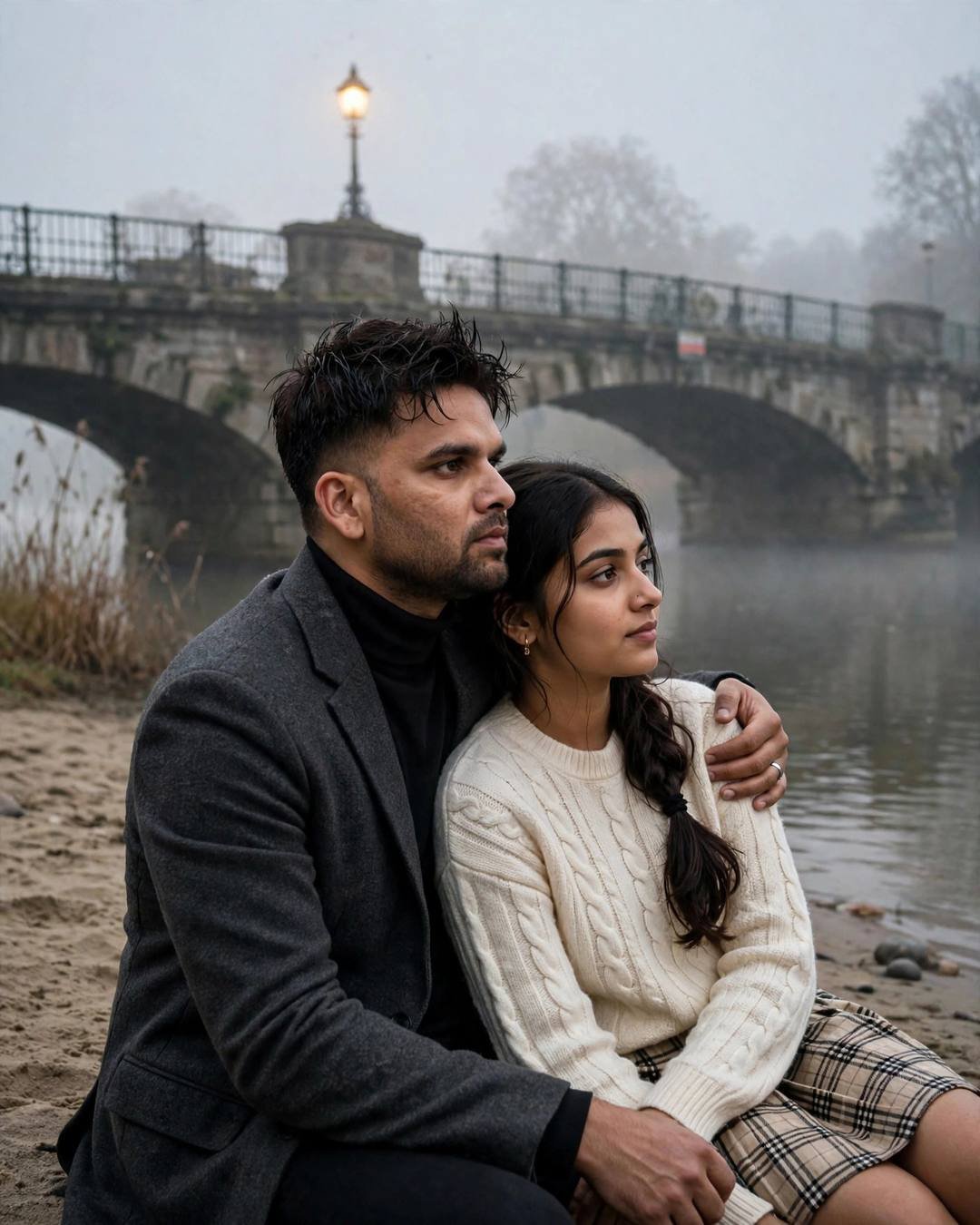 A couple sitting on a foggy riverbank at dawn, man in charcoal blazer, woman in cream sweater, his arm around her, old bridge behind