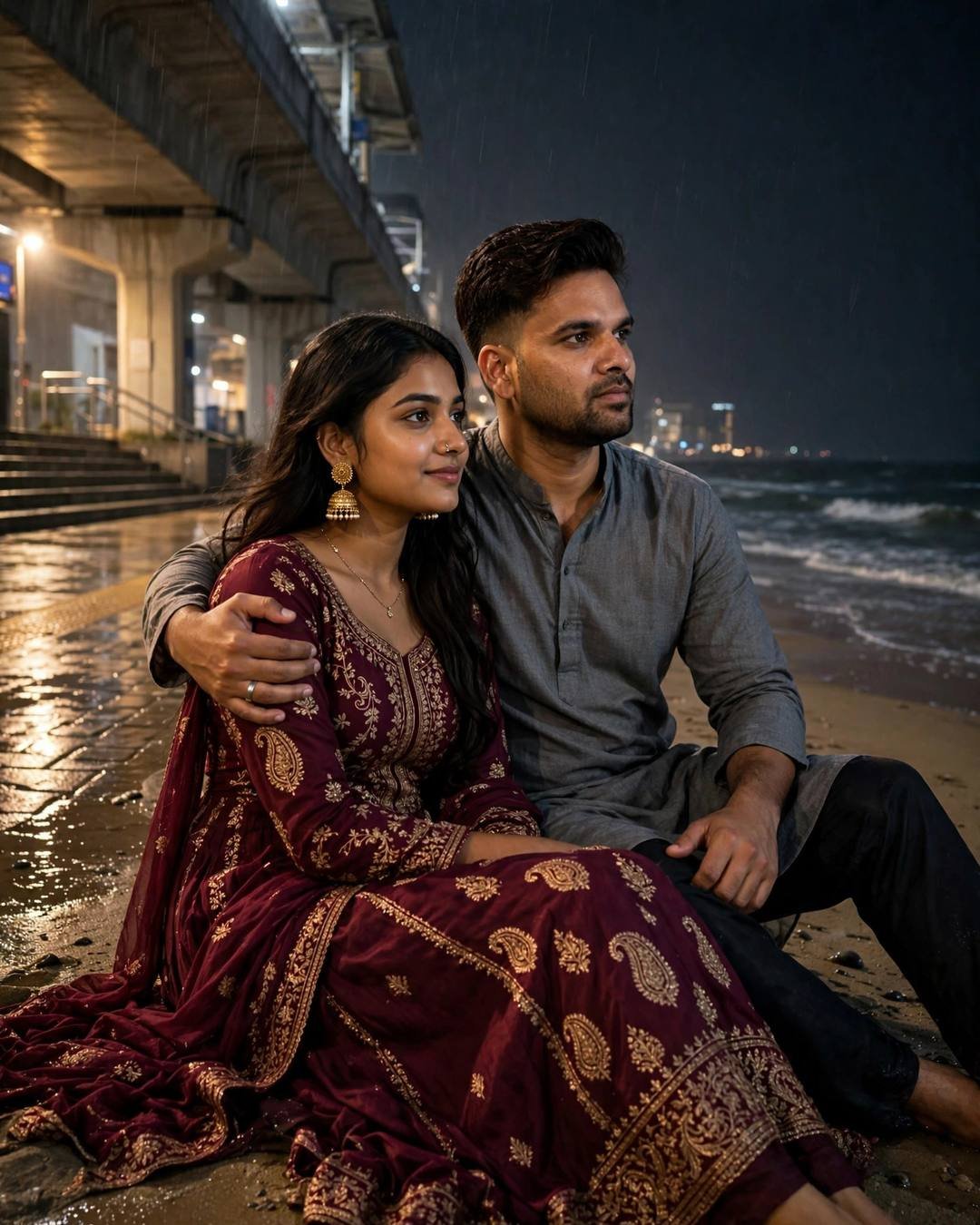 A couple sitting on a beach at night under a metro viaduct, man in grey kurta, woman in maroon anarkali with jhumkas, his arm around her, waves behind