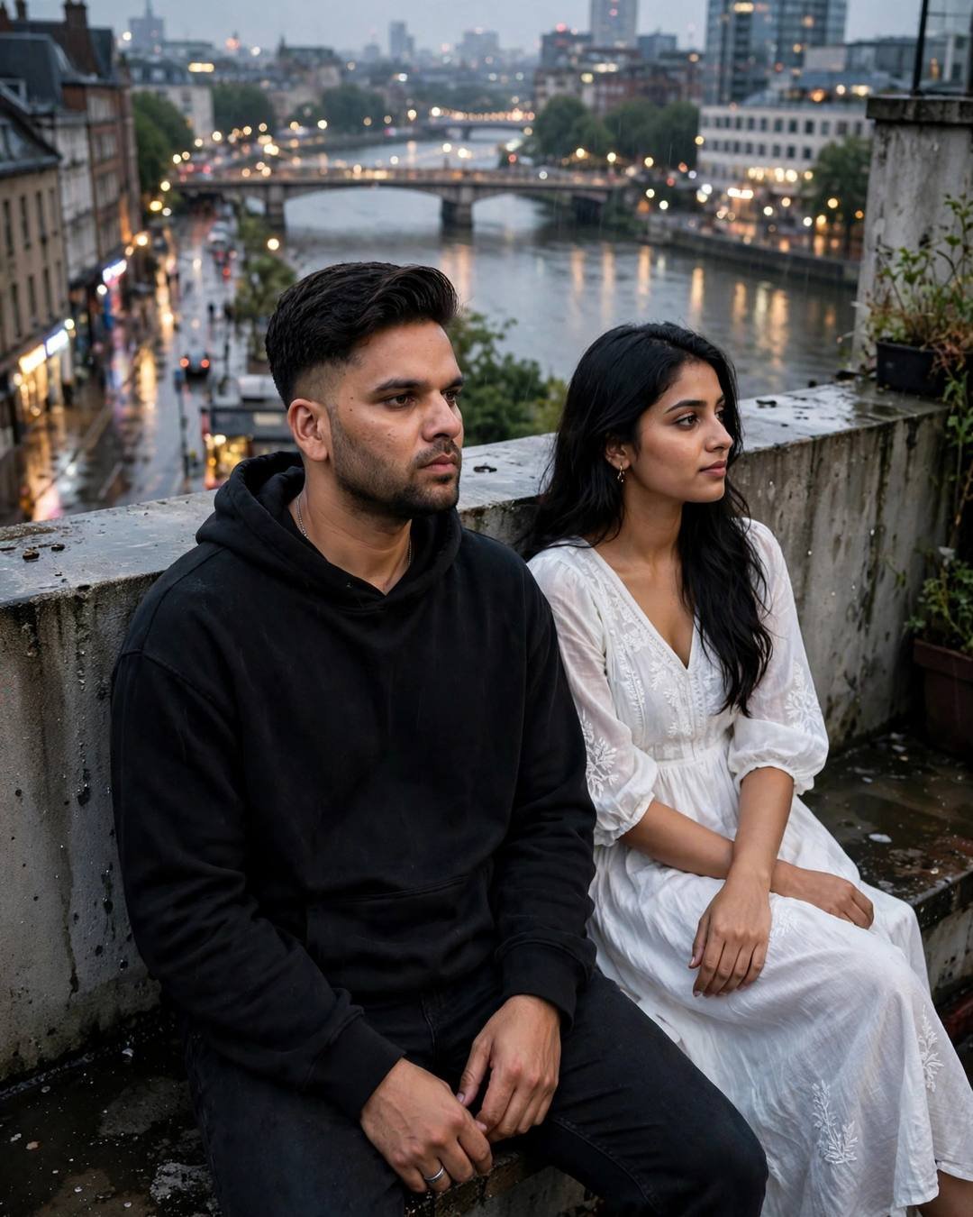 A couple sitting on a rooftop ledge overlooking a rainy river city at dusk, man in black hoodie, woman in white dress, quiet and close