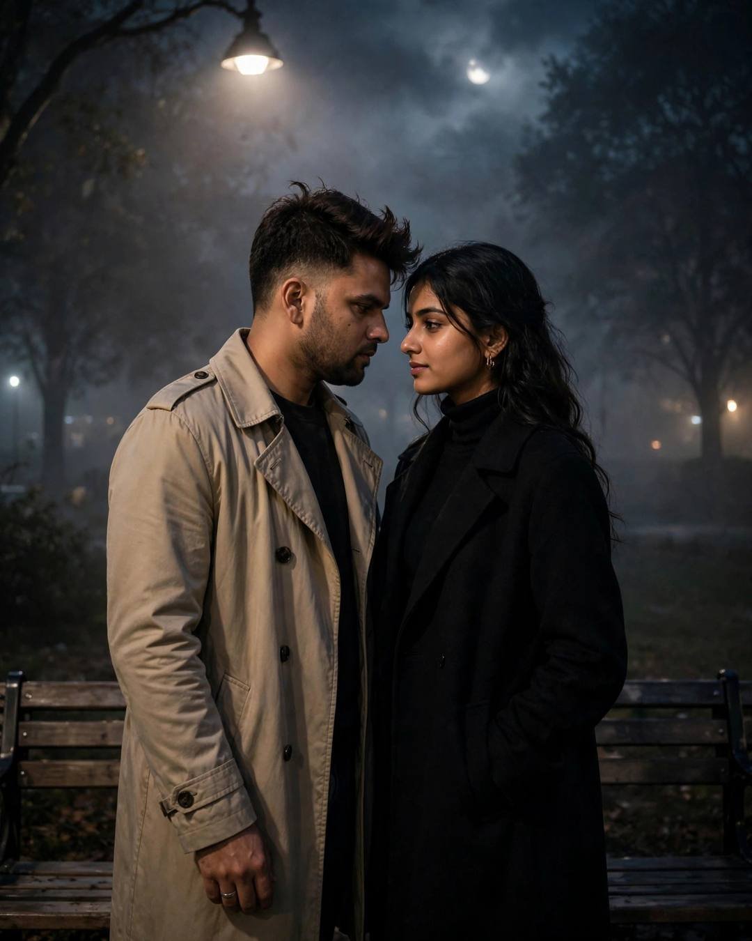 A couple standing face to face, foreheads almost touching, in a foggy moonlit park at midnight, man in beige trench coat, woman in black coat