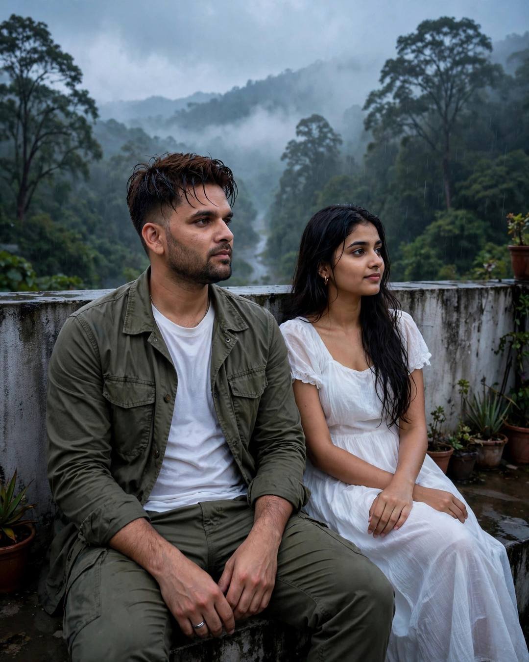 Couple on a misty rooftop at blue hour — man in olive field jacket, woman in white summer dress, serene