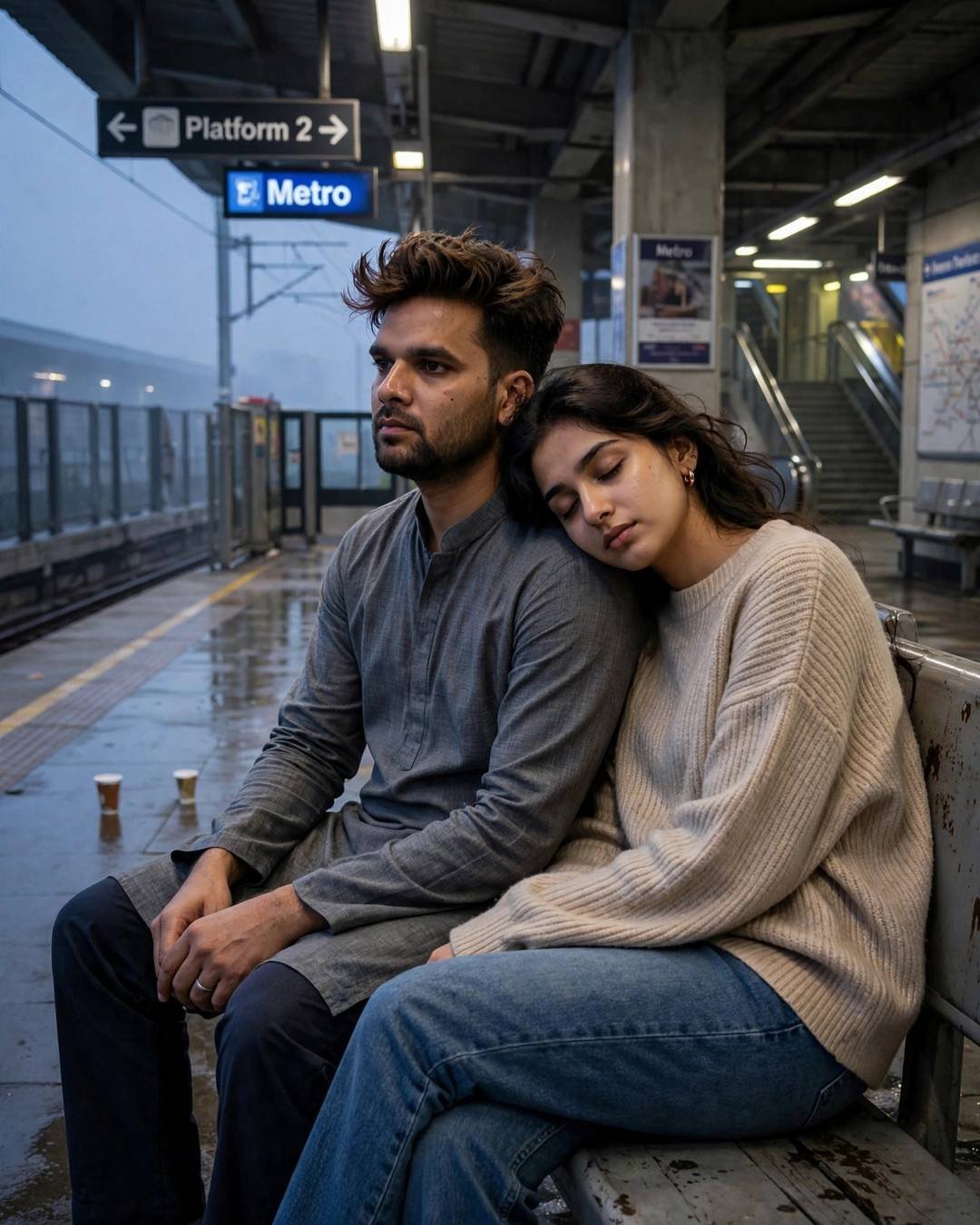 Couple on a metro station bench at dawn — man in grey kurta, woman resting her head on his shoulder
