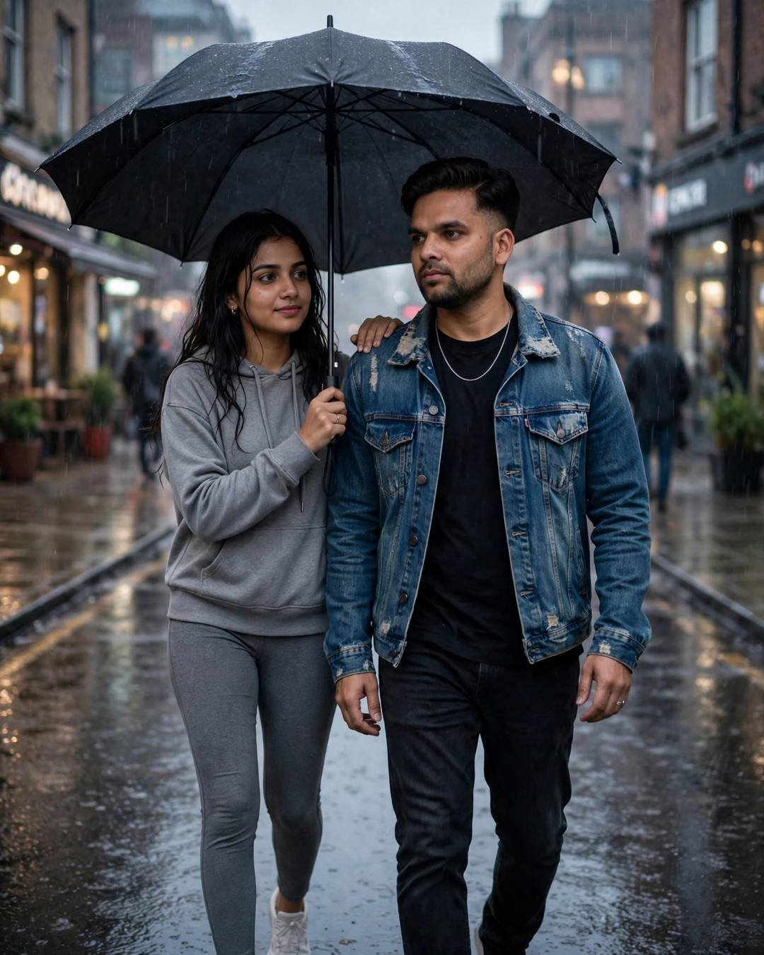 Couple under one umbrella on a rainy street — man in distressed denim jacket, woman in grey hoodie