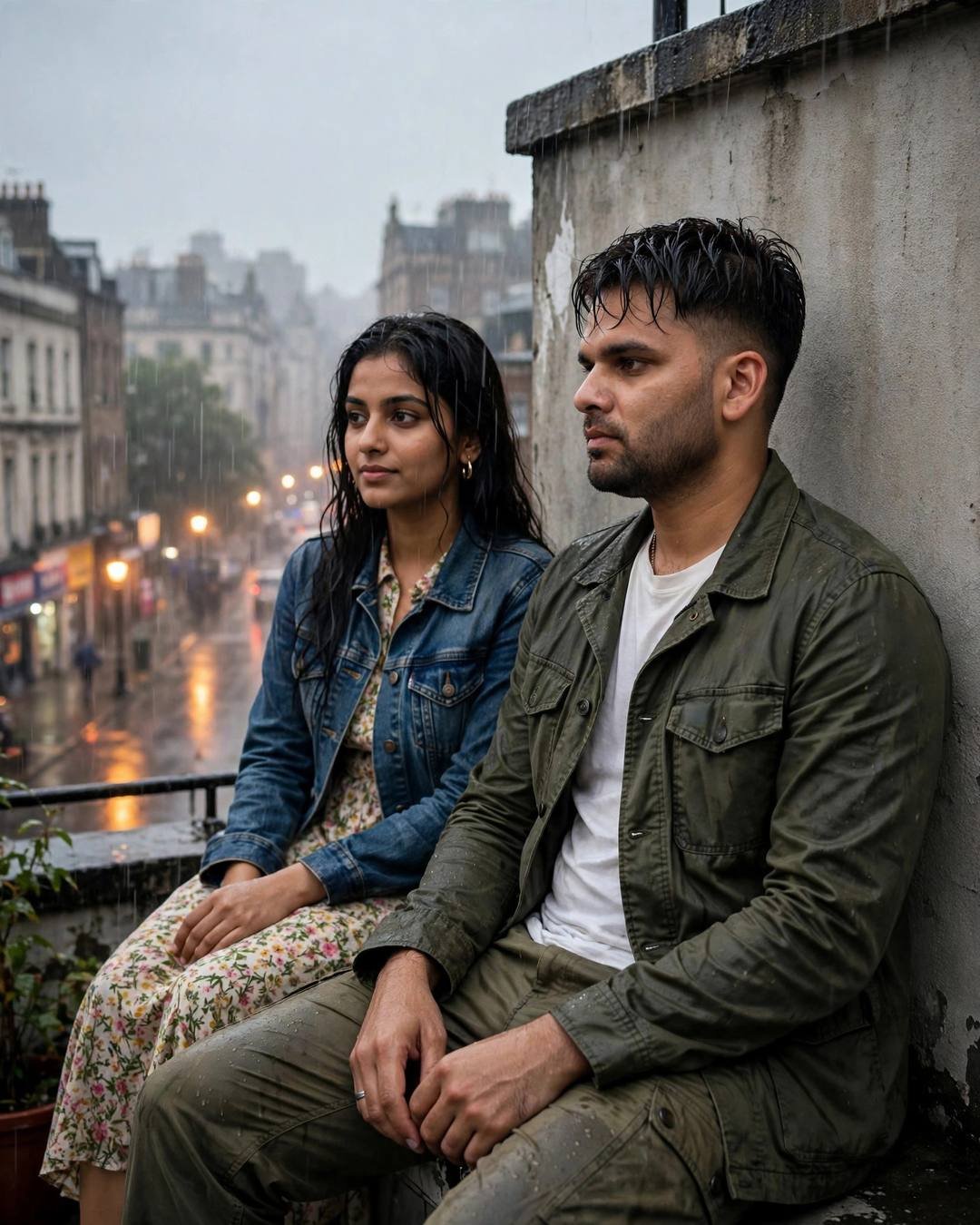 Couple sitting on a rainy rooftop — man in olive field jacket, woman in denim jacket over floral dress