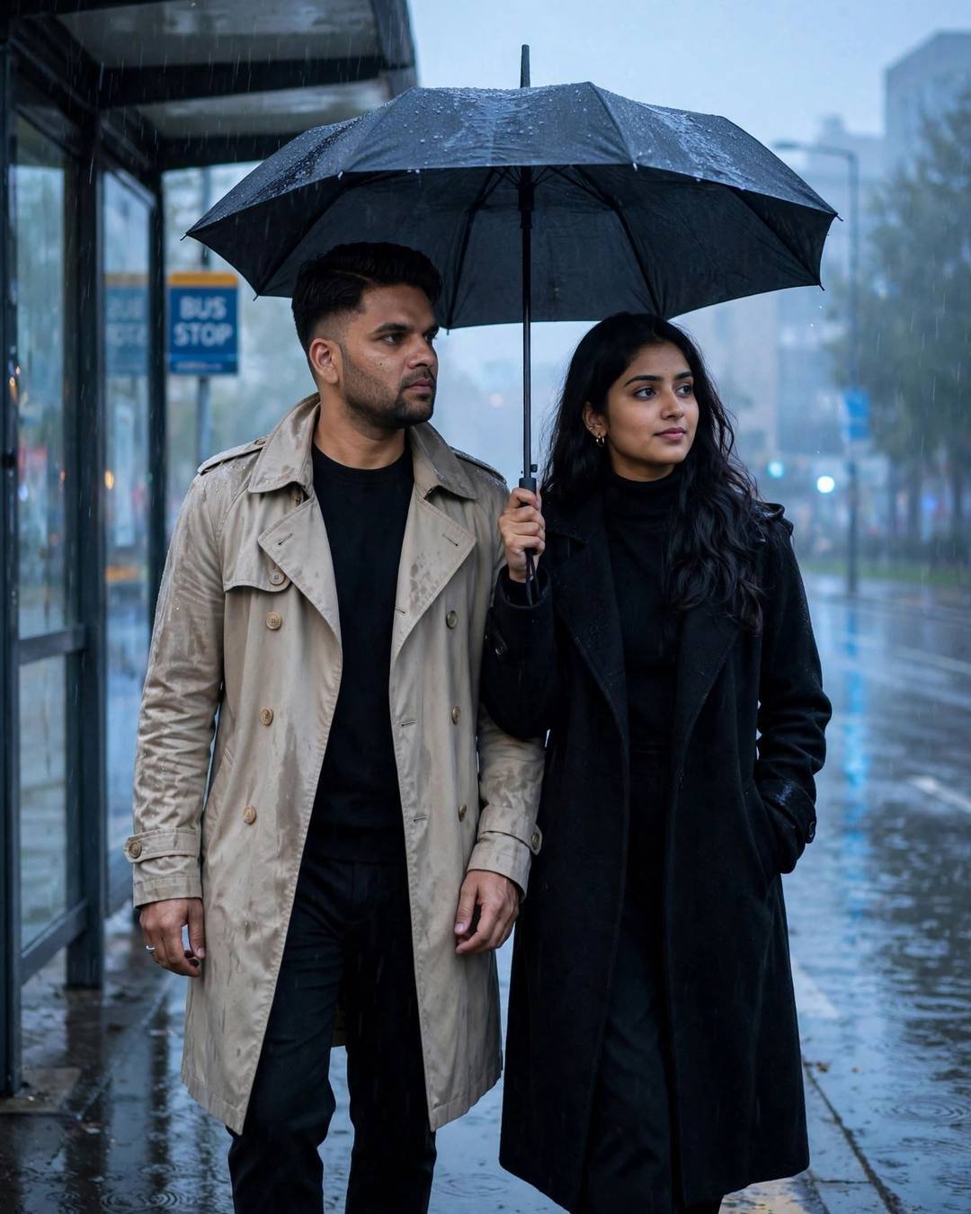 Couple under one umbrella at a rainy bus stop at dawn — man in beige trench coat, woman in black coat