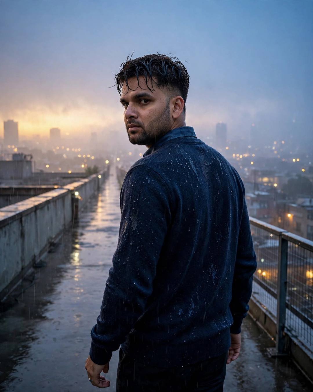 A young man in a navy sweater walking away on a rain-wet rooftop overlooking glowing city lights at dusk, looking back over his shoulder